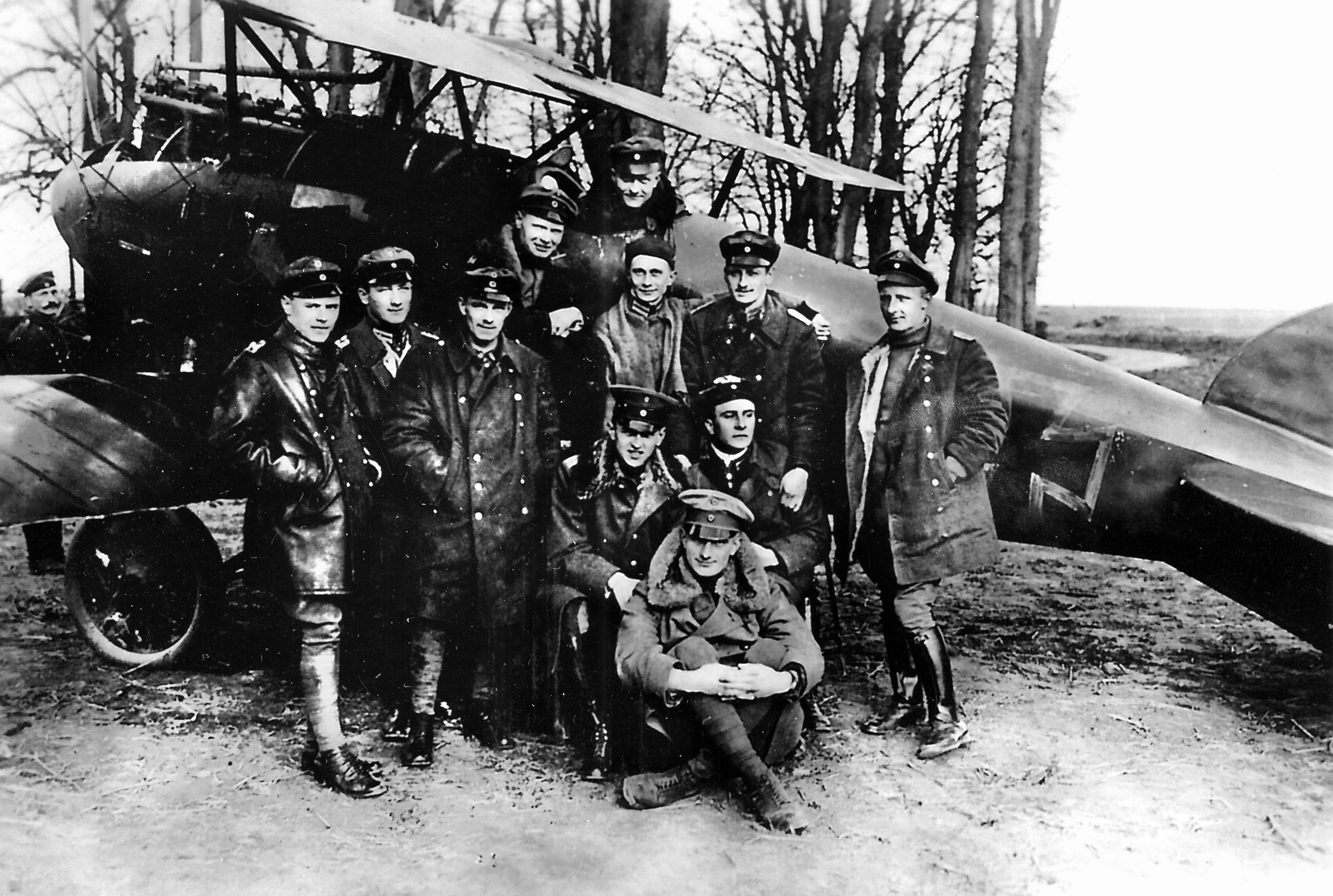 Commander Baron Manfred von Richthofen, seated in his Albatros fighter, photographed with his squadron, Jagdstaffel III. Before he was shot down in April, 1917, the “Red Baron” was credited with shooting down 80 Allied aircraft. 