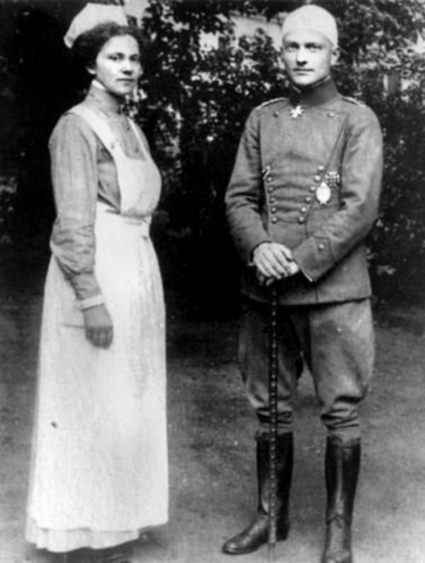 Manfred von Richthofen with nurse Käthe Otersdorf at St. Nicholas Hospital in Courtrai, Belgium, where he spent three weeks before returning to the front after his head was grazed by 
a bullet during a dogfight on July 6, 1917. 