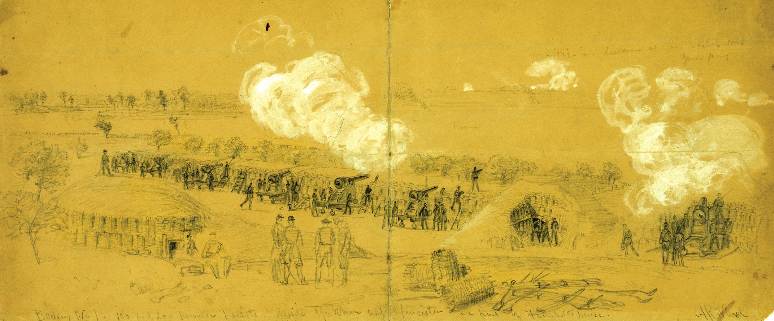 This sketch by Alfred R. Waud shows part of Federal Battery No. 1, which featured one 200-pound Parrott and five 100-pounders, erected in the orchard of the Farenholt house two miles south of Yorktown.