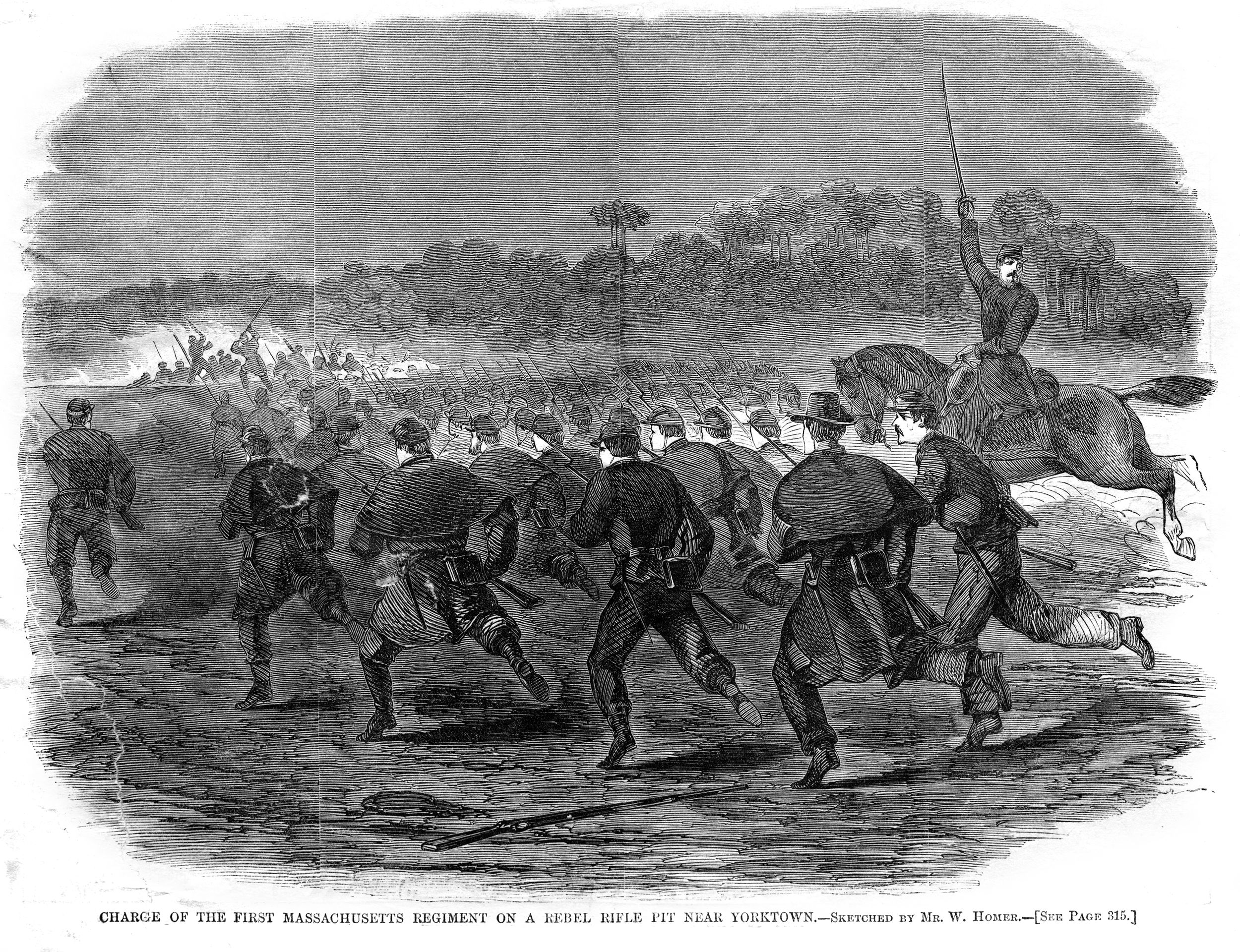 Winslow Homer’s sketch, “Charge of the First Massachusetts regiment on a rebel rifle pit near Yorktown,” shows the Union failing to break through Confederate defenses along the Warwick River on April 16, 1862. The clash is known variously as the Battle of Dam No. 1, Burnt Chimneys or Lee's Mill.