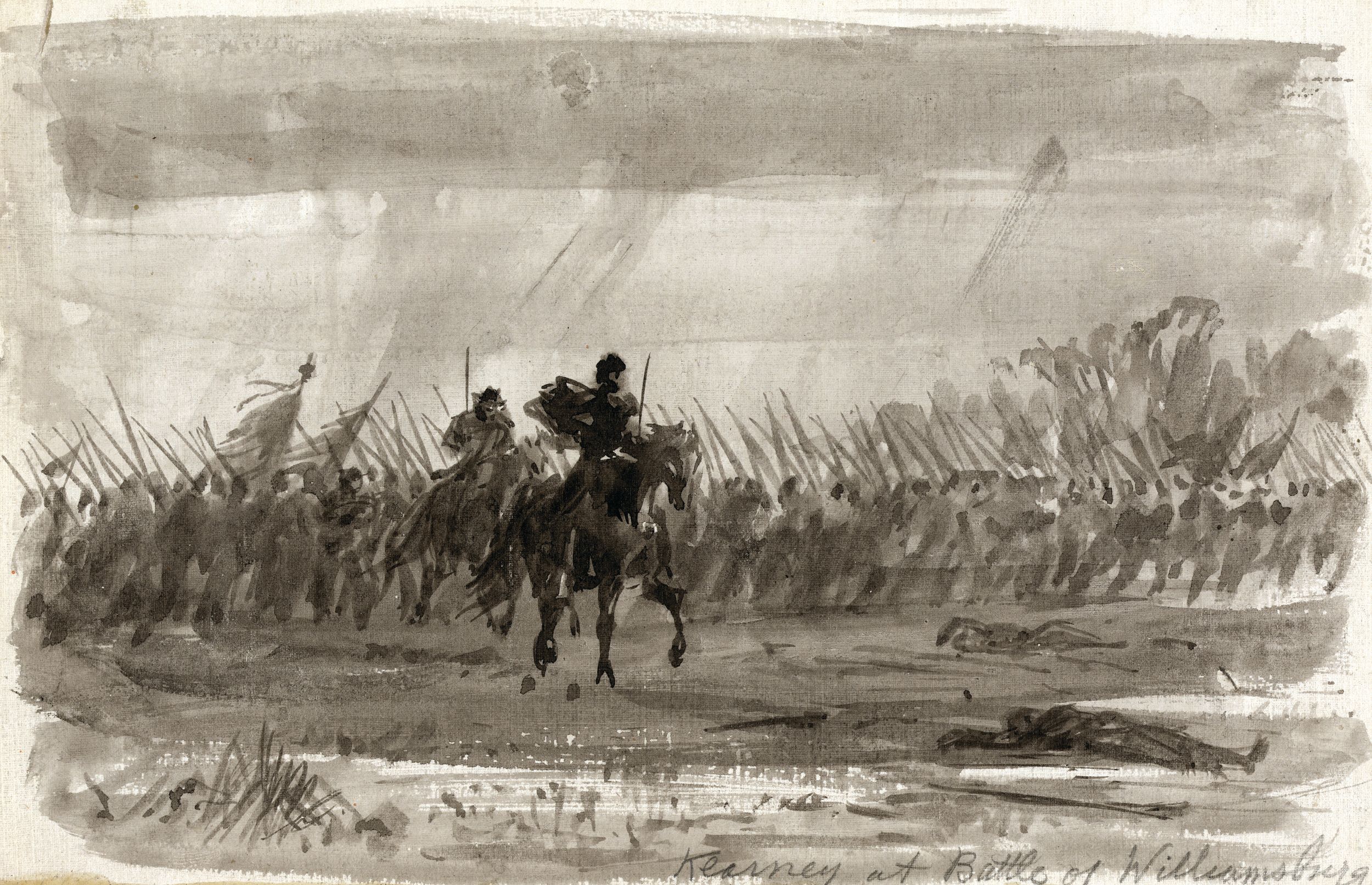 Union Brigadier General Philip Kearny moves up to stabilize the Federal left in this drawing by Alfred R. Waud, “special artist” assigned to the Army of the Potomac. Early on May 5, two days after the Confederates quit Yorktown, they were attacked by Union Gen. Joseph Hooker outside of Williamsburg, Virginia. Hooker’s attack was repulsed and the Union flank was threatened until Kearny’s arrival.