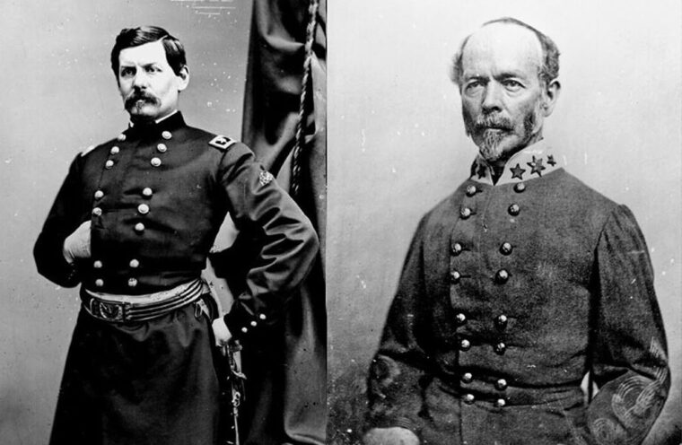 The overall commanders in the Peninsula Campaign of 1862. Union Maj. Gen. G.B. McClellan, left, and Confederate Gen. Joseph E. Johnston.