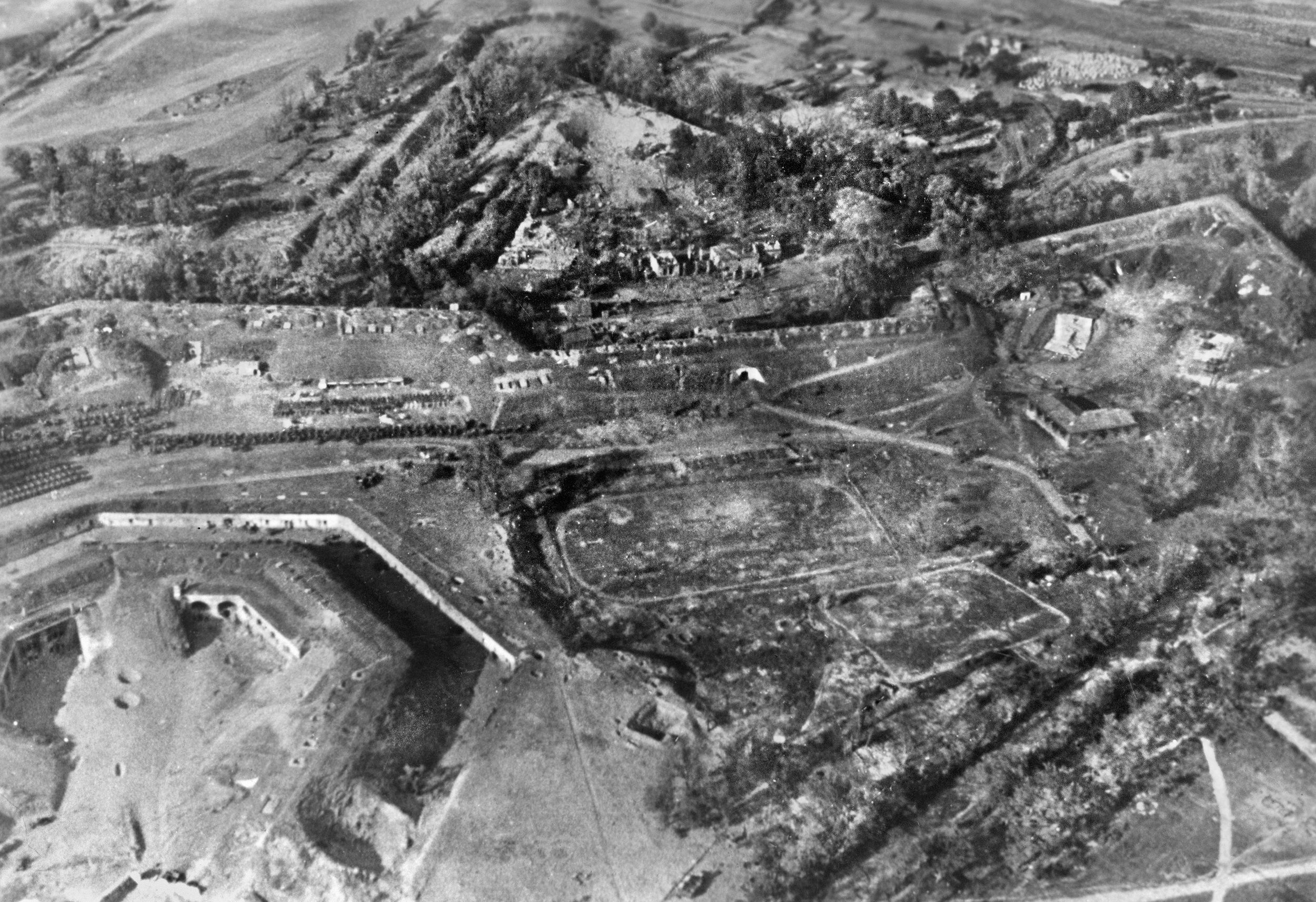 Aerial view of the heavily shelled Fortress Brest. Construction of the original fort was completed in 1862, but expansion and improvements continued through World War I. By 1941, it was used by the Russians to garrison troops, some 9,000 of whom were in the fortress when the Germans attacked.