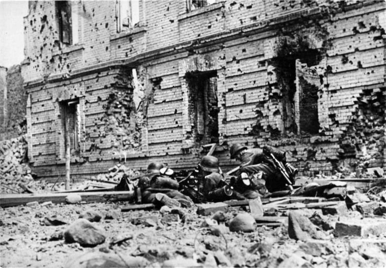 Fighting in the inner courtyard of the Citadel next to the former St. Peter & Paul church—scene of the signing of the Brest Peace Treaty in 1918. 