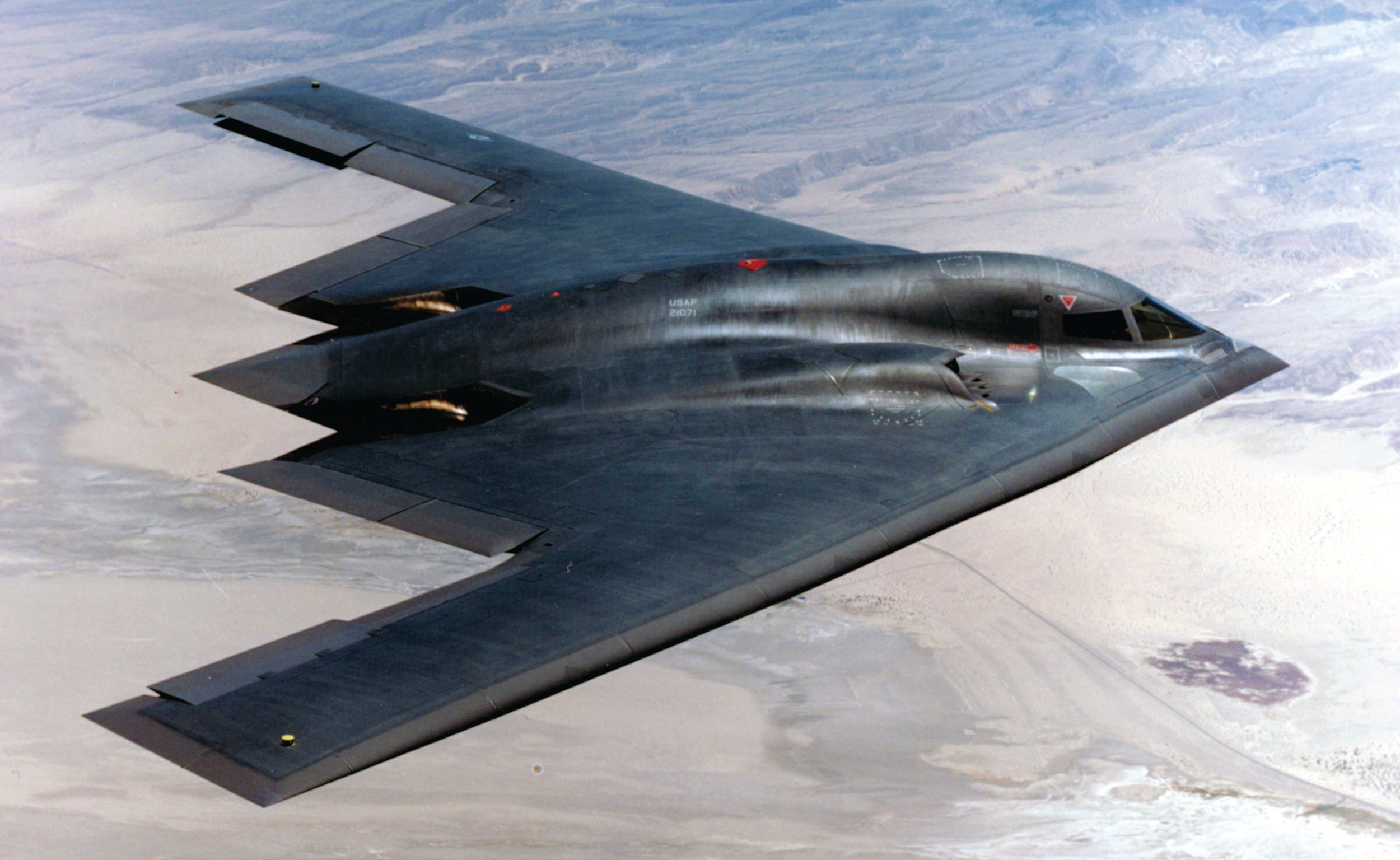 The U.S. Air Force B-2 Spirit stealth bomber is the most advanced flying wing ever built. A combination of classified technology that reduces infrared, acoustic, electromagnetic, visual and radar signatures of the aircraft makes it difficult for enemy defense systems to detect, track and engage it.