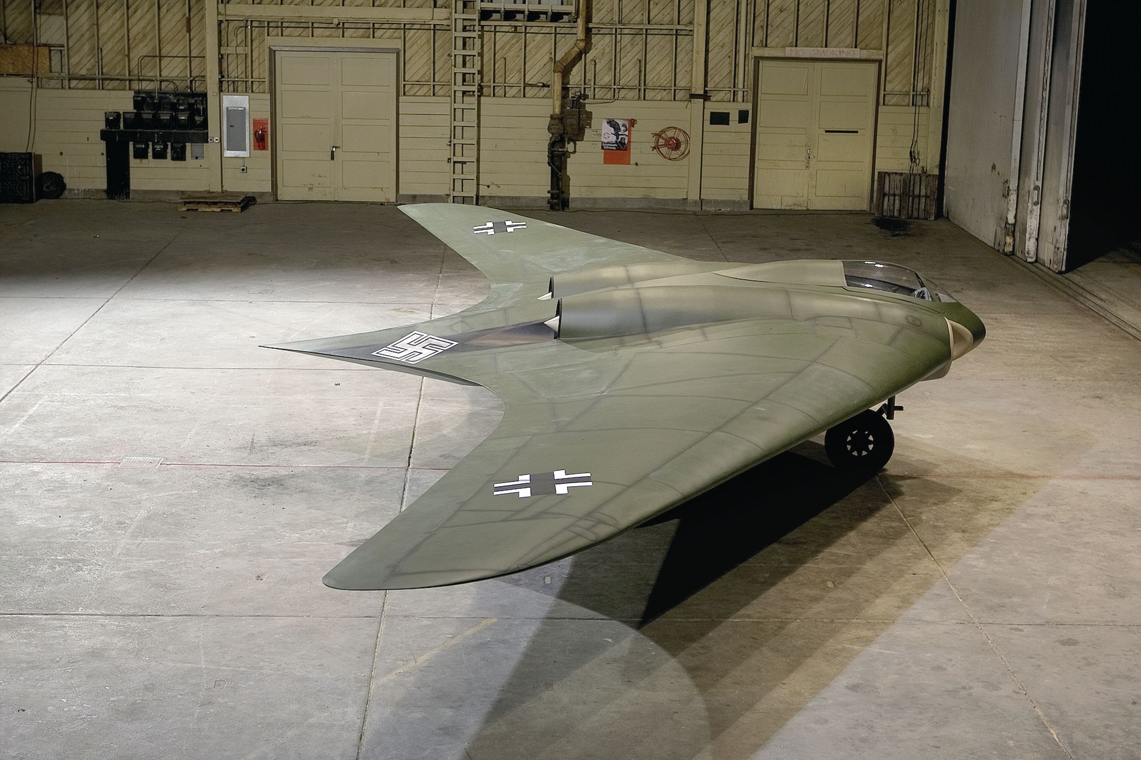 Northrup Grumann built this full scale model of the Horten Ho-229, a German jet-powered flying wing built during World War II, for a documentary film about the unusual aircraft.