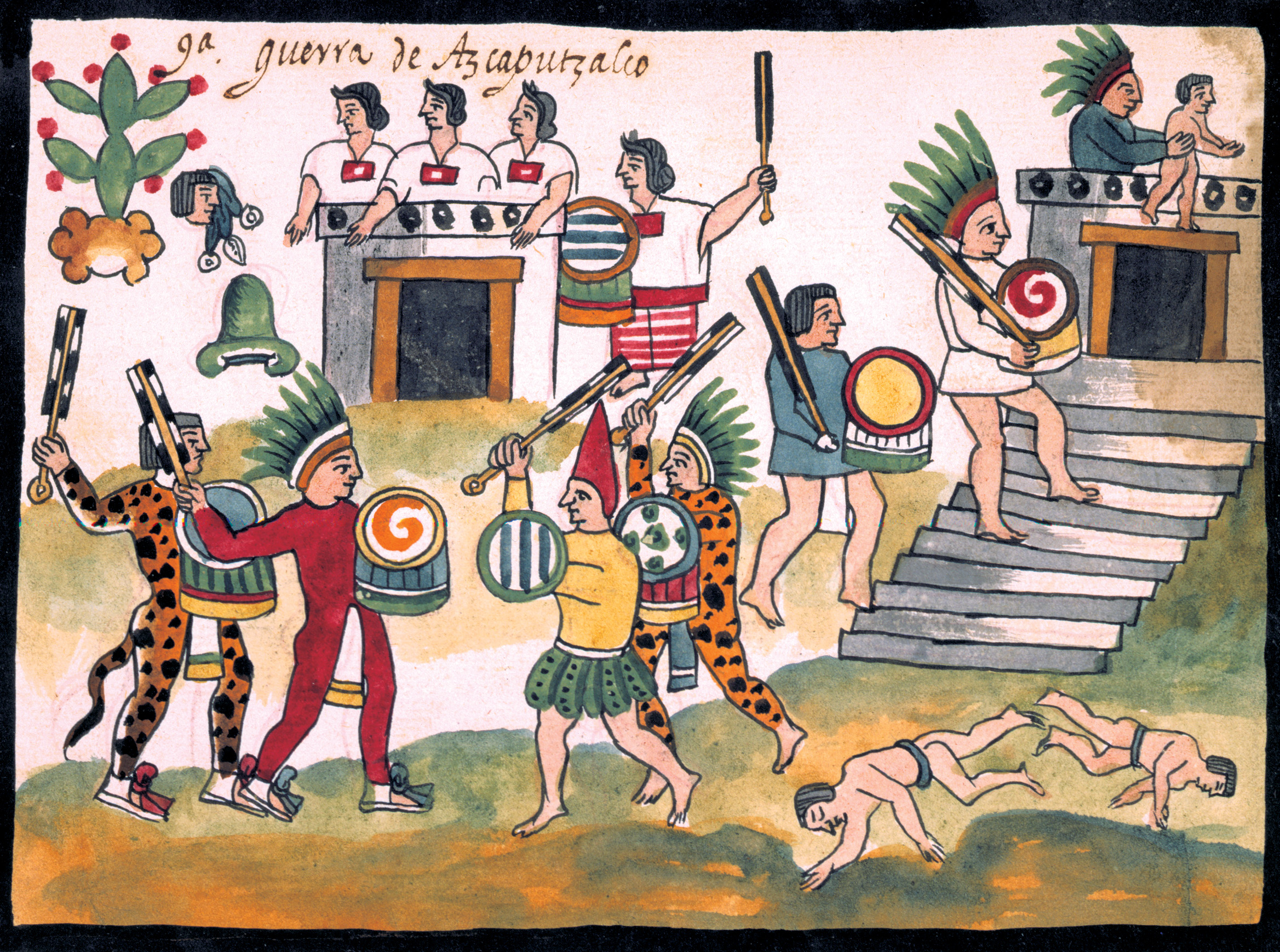 A rendition of Aztecs at war with neighboring enemies. Native battles involved the capture of prisoners for ritual sacrifice. 