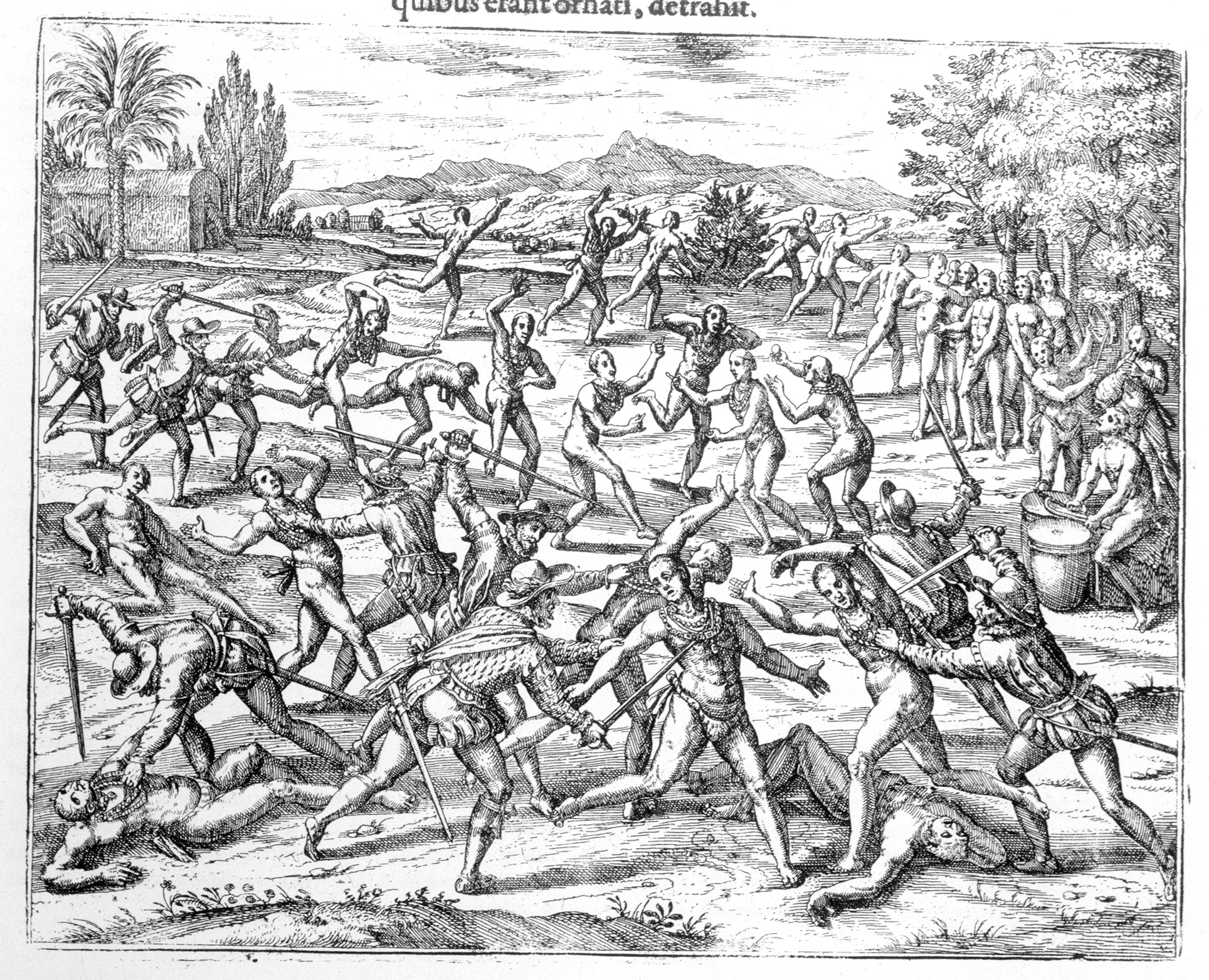 Sword-bearing Spaniards mercilessly attack Mexican natives for their jewelry and ornamentation.