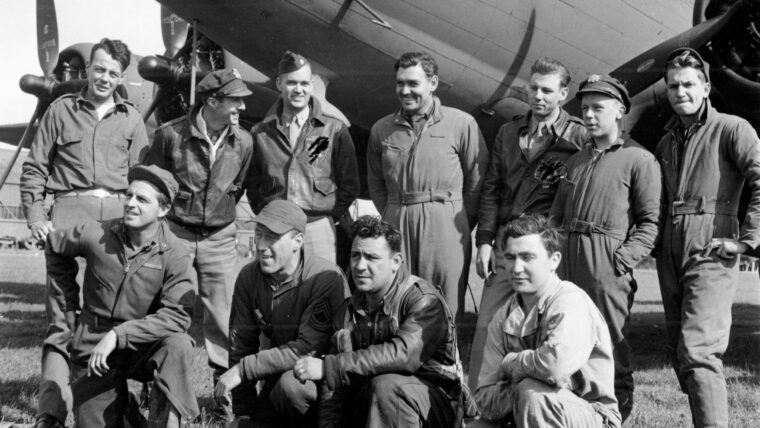 Captain Clark Gable (fourth from the right) beams after a successful bombing run over Nantes, France. It was Gable’s fifth mission.