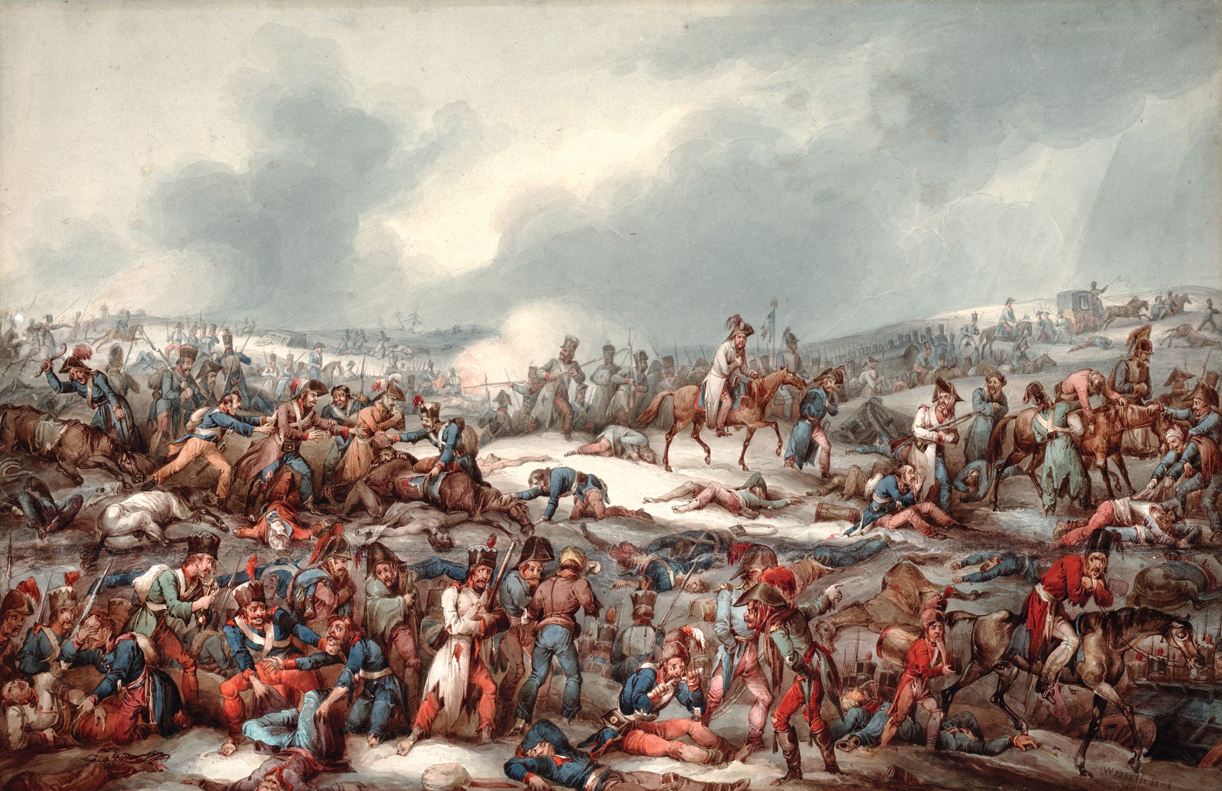 Eight days before the French battled their way across the Berezina River, they lost as many as 20,000 men in a three-day battle with the Russians at Krasnoi. This watercolor by William Heath (1815) shows the deteriorated condition of the Grand Armée in retreat across the frozen Russian landscape.