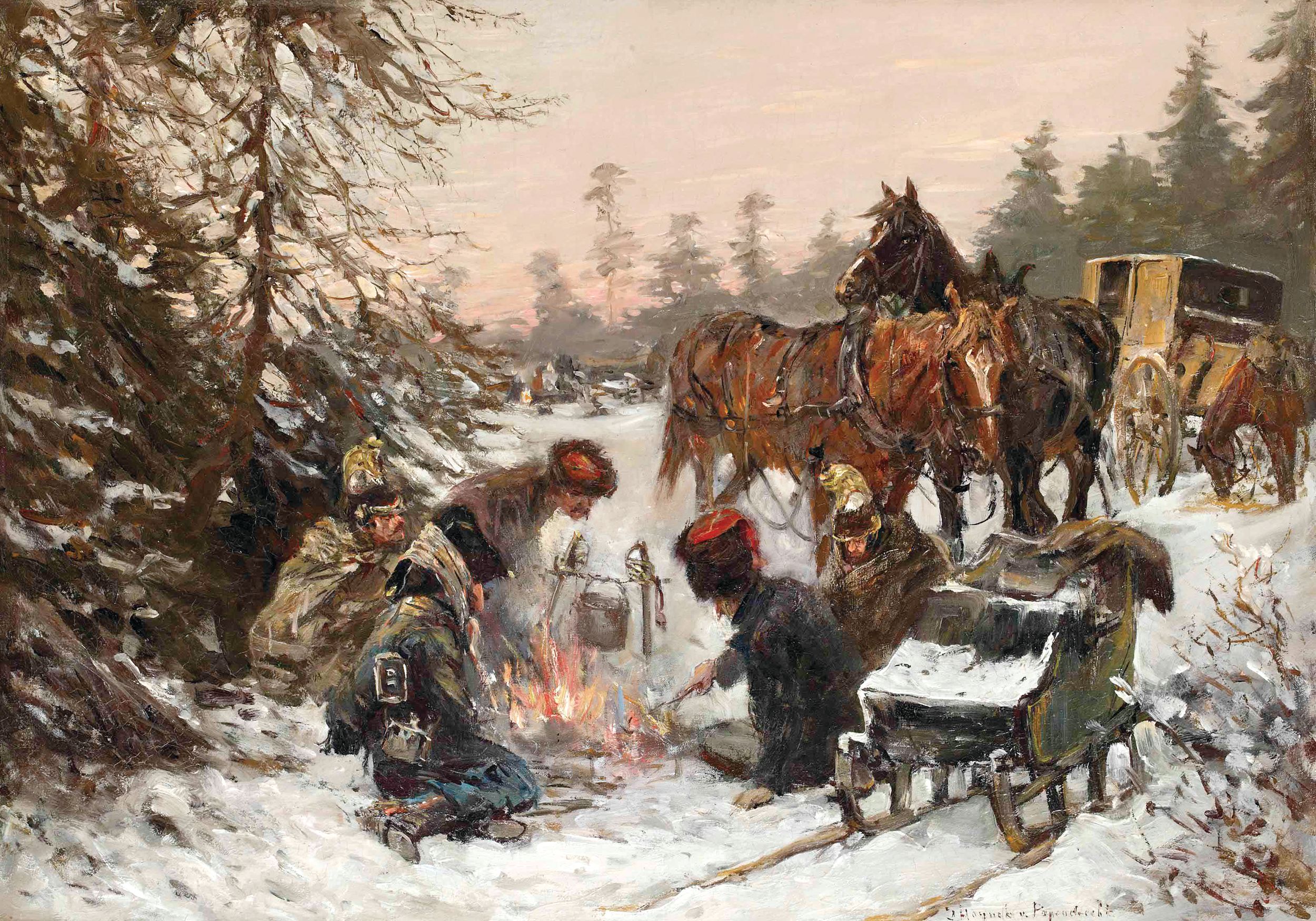 Ragged French cavalry troopers crowd around a campfire during their long retreat from Moscow in this watercolor by Dutch artist Jan Hoynck van Papendrecht (1858-1933).