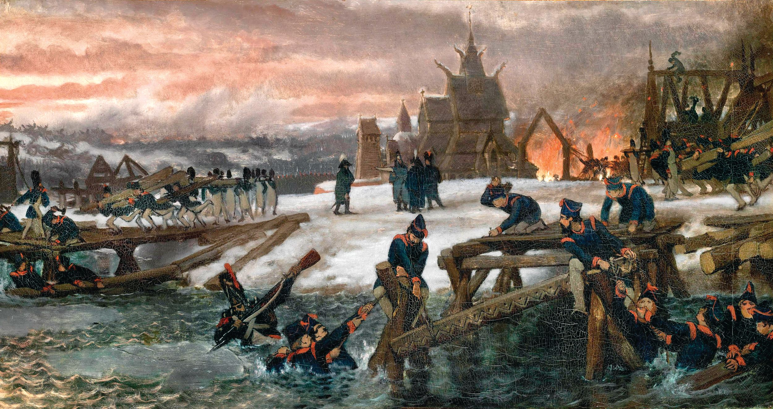 With the bridge at Borisov destroyed and the Russians closing in, Napoleon ordered his General of Engineers Jean-Baptiste Éblé, along with General François Chasseloup and 400 pontoon bridge builders (pontonniers) to construct a crossing at Studienka—pictured here in “Crossing of the River Berizina, 1812” (c. 1859-69) by Sir Lawrence Alma-Tadema.