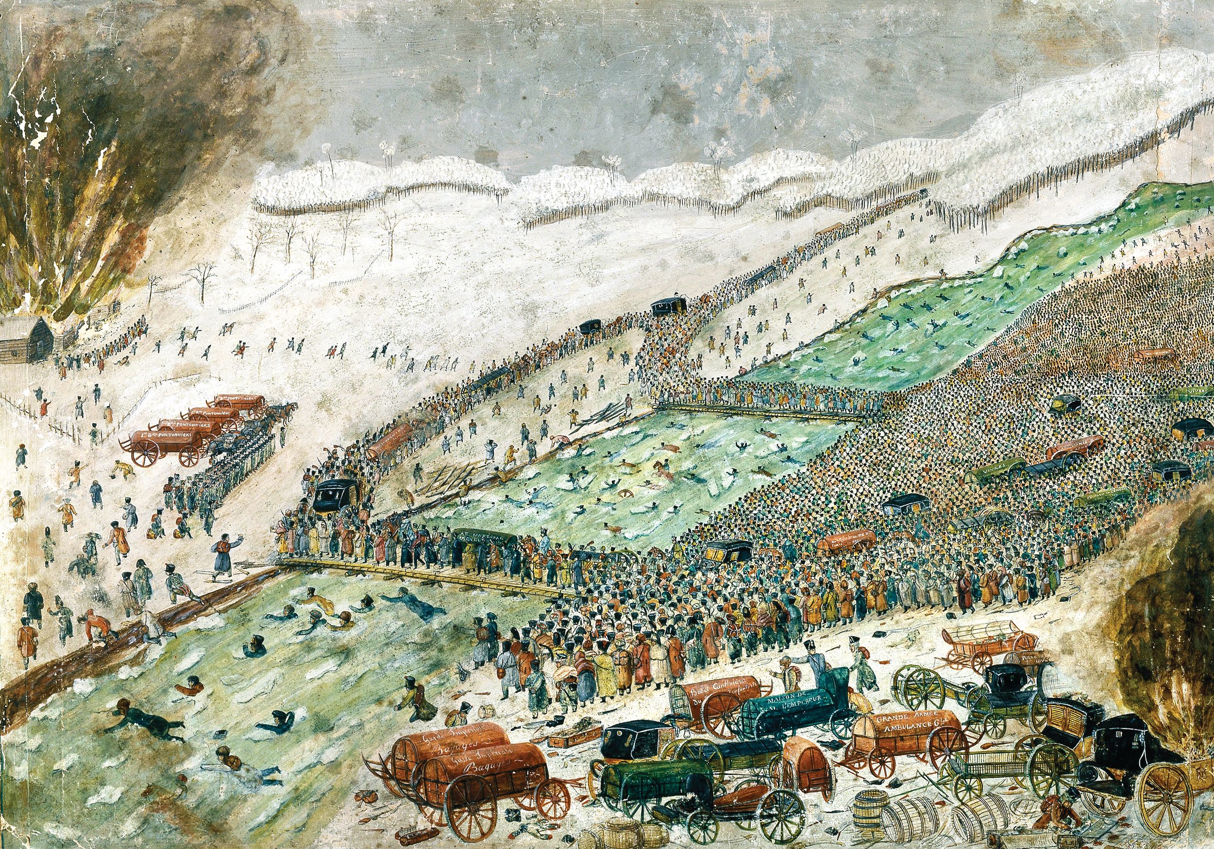 This accurate watercolor sketch is thought to have been made by a witness or a veteran of the Battle of the Berezina. Napoleon’s Grande Armée was able to escape complete destruction via two bridges hastily built by General Eblé and his pontonniers over the swollen, ice-filled river. On November 29, 1812, Napoleon’s forces could no longer hold the crossing and burned the bridges, leaving as many as 10,000 men, women and children behind on the eastern bank. In all, some 25,000 soldiers and 30,000 civilians were killed and “Berezina” entered the French language as a synonym for disaster.