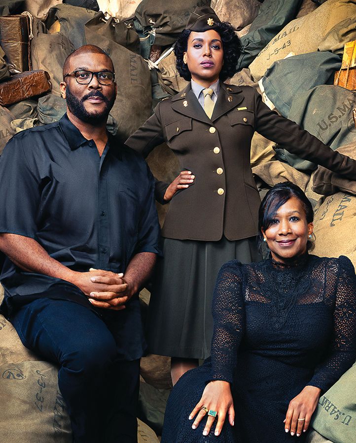 From left are writer/director/producer, Tyler Perry; executive producer/actress, Kerry Washington; and producer Nicole Avant, on the set of The Six Triple Eight.