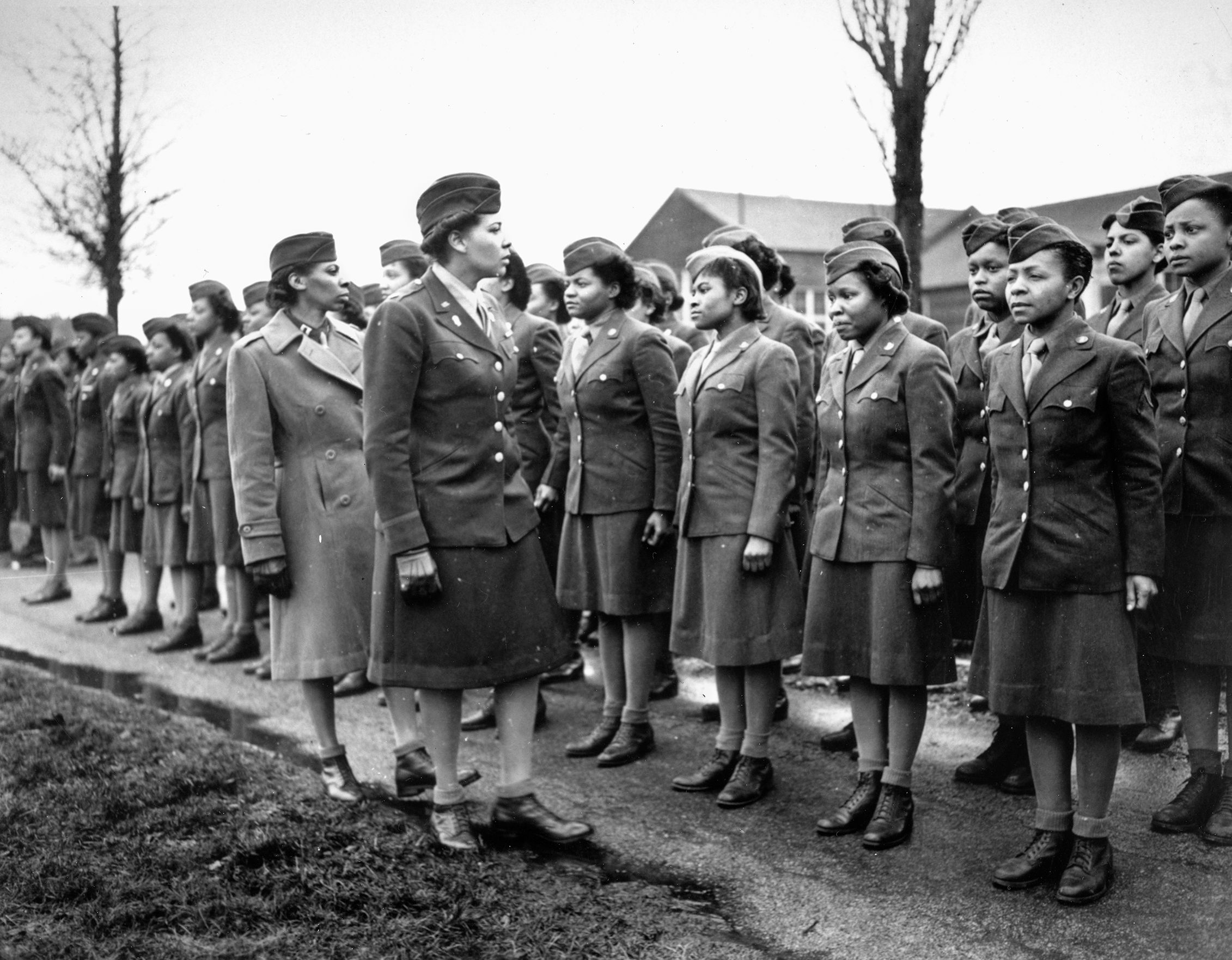 U.S. Army Major Charity Adams inspects the soldiers of the 6888th after their arrival in Birmingham, England, on February 15, 1945.