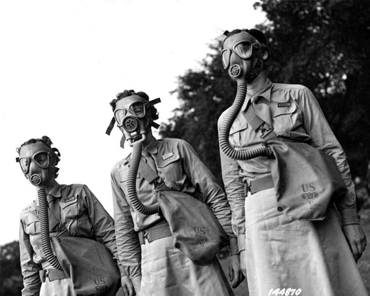 The Women’s Army Corps went through basic training, including the use of gas masks.