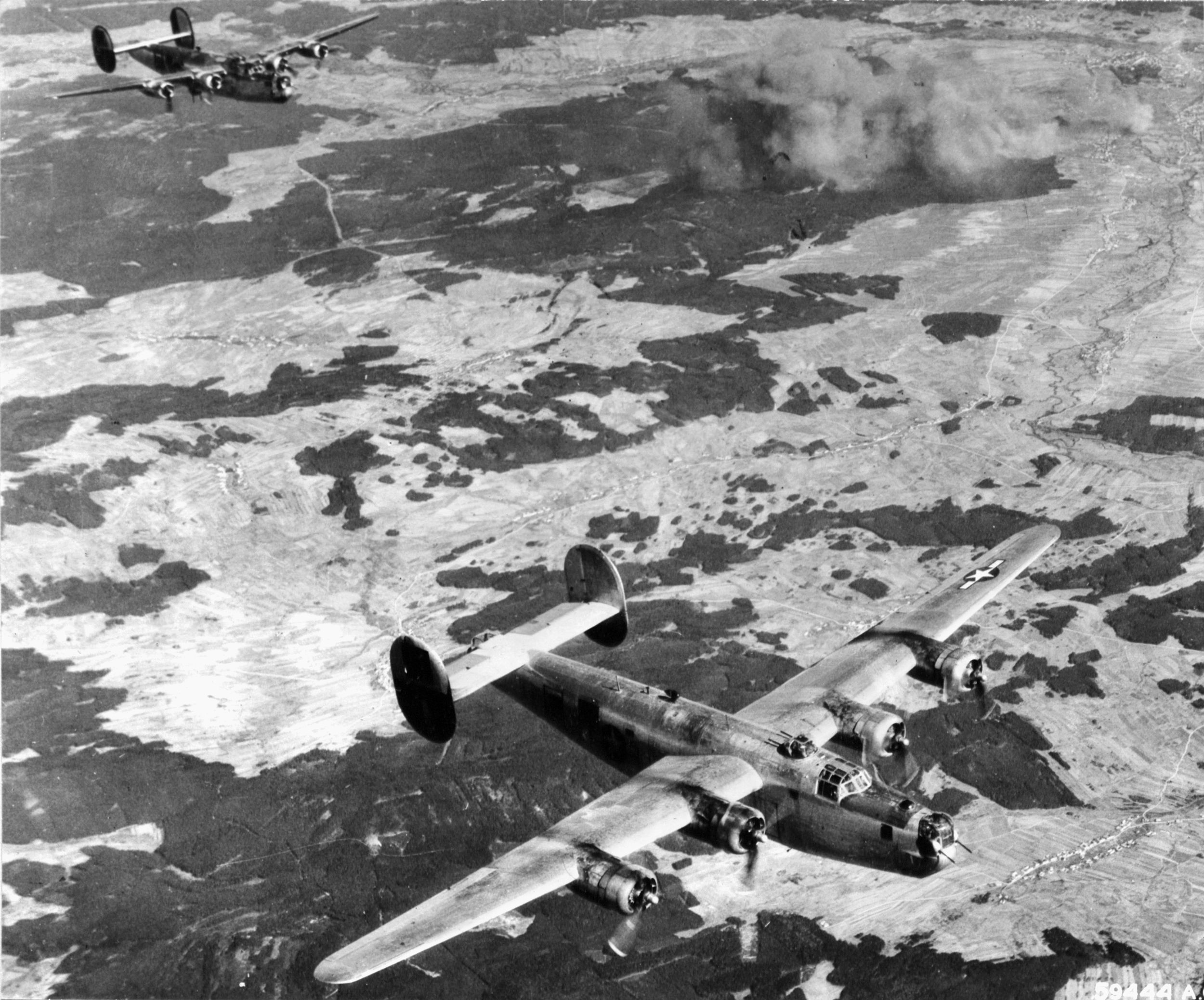 A Fifteenth Air Force B-24 Liberator in the skies above Austria during a raid on railroad infrastructure. In September 1943, the U.S. Army Air Force formed the 15th AF, based in the Foggia area of southern Italy. The six heavy bomb groups—four B-17, two B-24—flew major strategic raids in southern and eastern Europe, straining the Luftwaffe defense.  