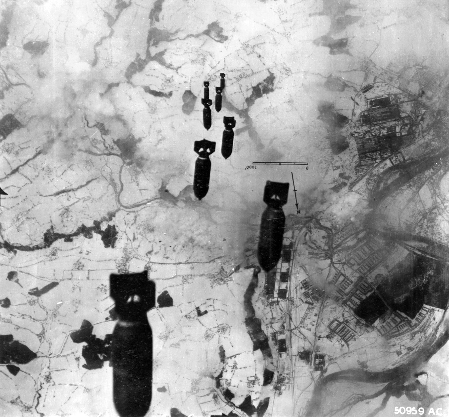 A B-24 Liberator drops 10 500-pound general purpose bombs on the ball-bearing works in Steyr, Austria, on April 2, 1944. Unlike bombers stationed in England, the four full bomb wings of the Fifteenth Air Force, based in Italy, could attack targets in southern Germany, Austria, and Eastern Europe. 