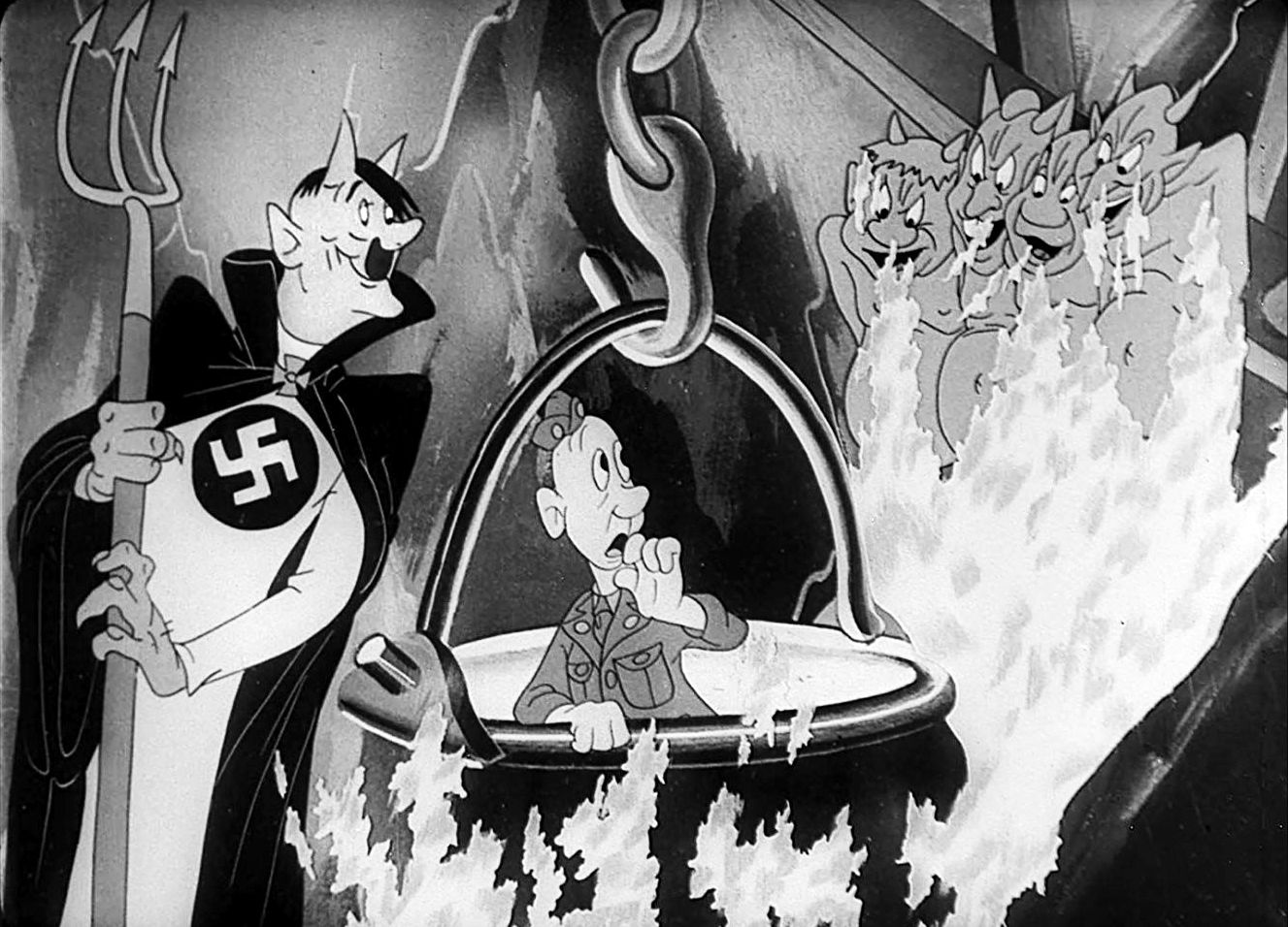 Written by Dr. Seuss (Theodor Geisel) in his lyrical and rhyming style, “Spies” (August 1943) features Adolf Hitler as Satan. Directed by Chuck Jones, this is another short where Snafu is the architect of his own demise—after a few drinks, his loose lips lead to the sinking of his ship. 