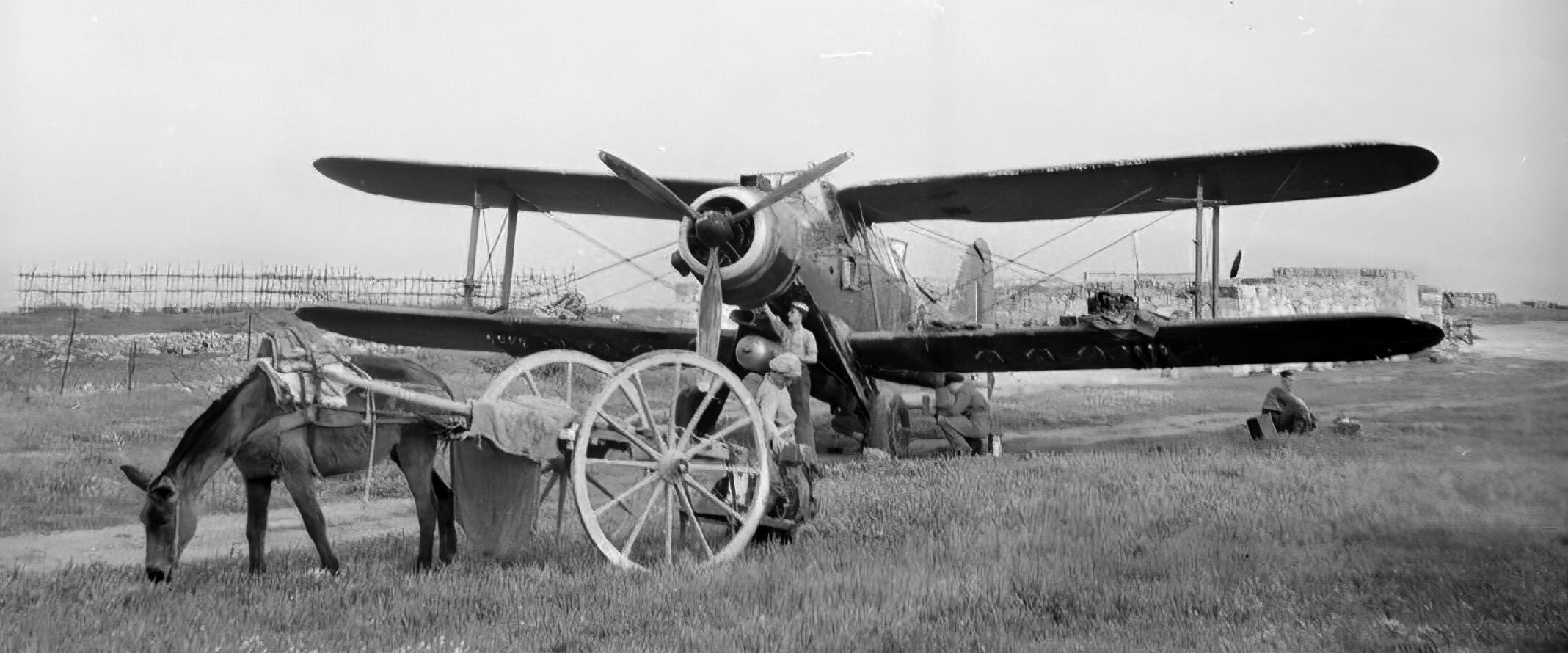 A mule-drawn cart delivers supplies to the ground crew preparing a Fairey Albacore torpedo bomber for action on the island of Malta. Fuel was constantly in short supply, and such methods of delivery helped to stretch available resources for critical uses. This photo was taken in 1942.