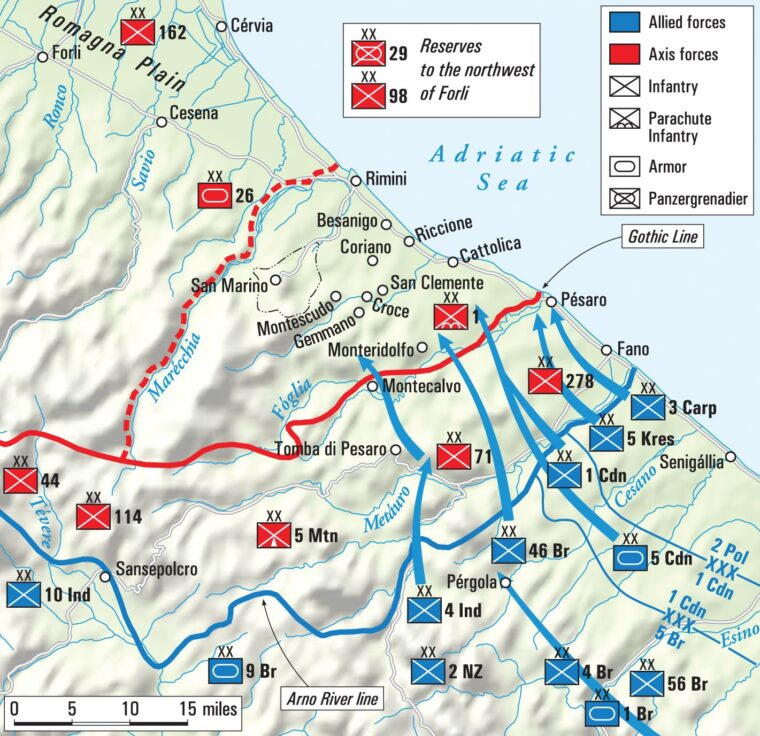 The British Eighth Army began its execution of Operation Olive, the initial assault against the German string of defenses in northern Italy known as the Gothic Line with hopes of penetrating the Nazi positions. However, the battle proved slow and costly.