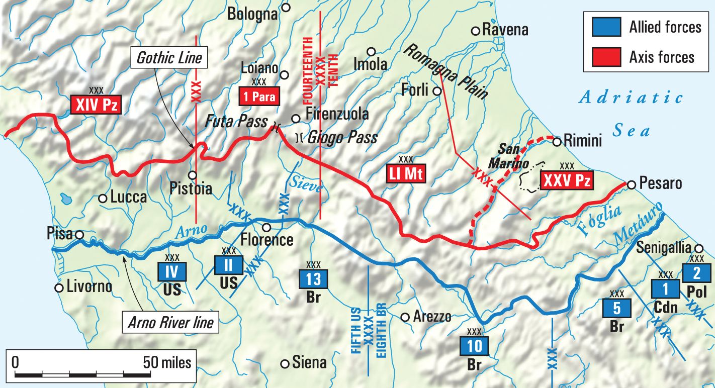 Forces of the British Eighth Army approached the German defenses at the Gothic Line in Italy in the summer of 1944 and found difficult fighting against a determined enemy.