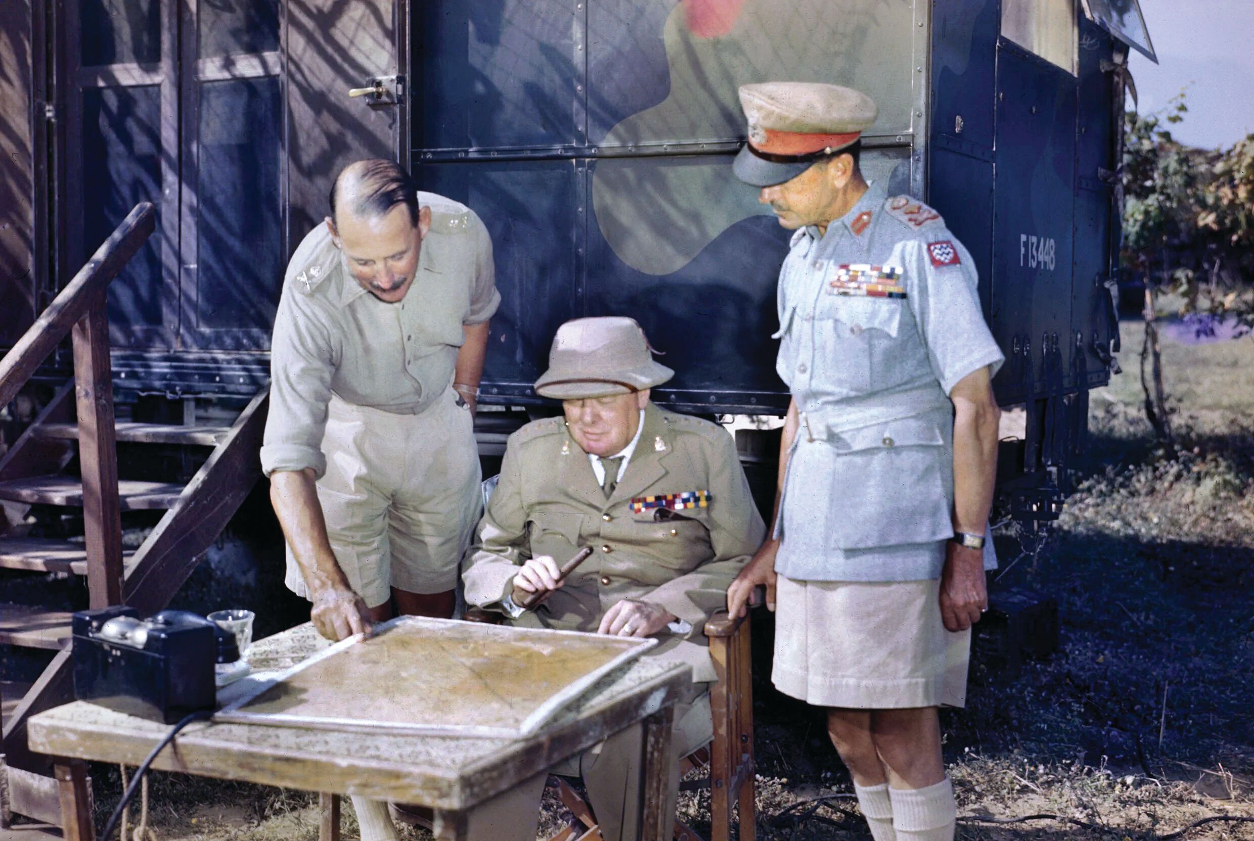 From left, British Eighth Army commander Lieutenant General Oliver Leese, Prime Minister Winston Churchill, and Allied forces in the Mediterranean commander General Sir Harold Alexander meet in August 1944 in preparation for the assault on the Germans’ Gothic Line.