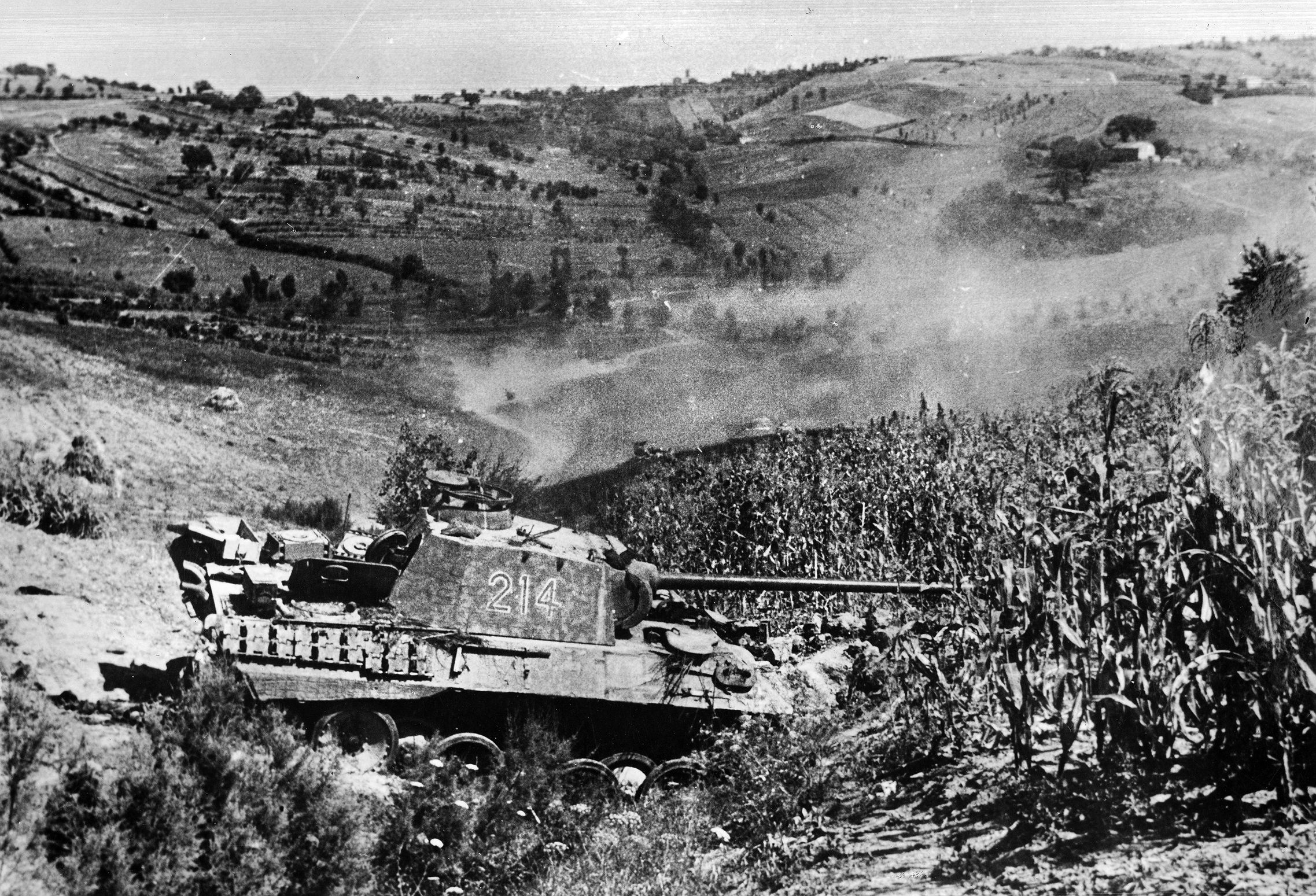 Along the banks of Italy’s Metauro River, a German PzKpfw. V Panther medium tank captured by the Polish 4th Armored “Scorpion” Regiment, 2nd Polish Armored Brigade, sits idle in August 1944. German and Italian forces offered stiff resistance to the British Eighth Army during the battles at the Gothic Line.