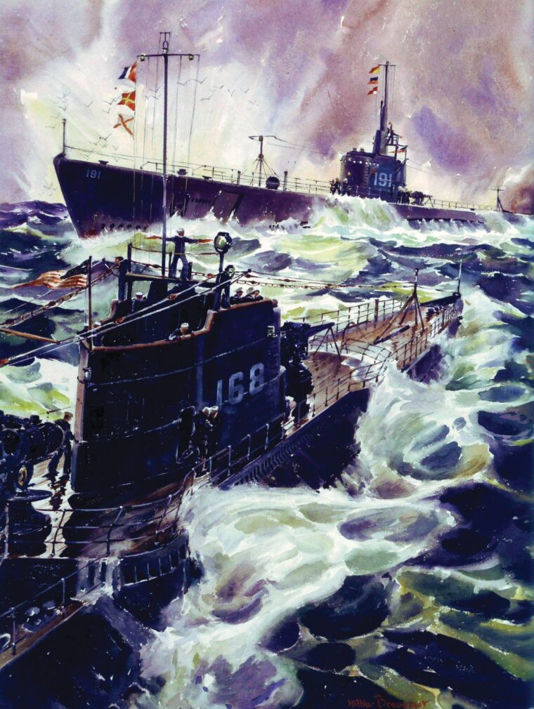 The USS Nautilus (SS-168) meets the USS Sculpin (SS-191) in 1941 in this painting by marine artist Arthur E. Beaumont.