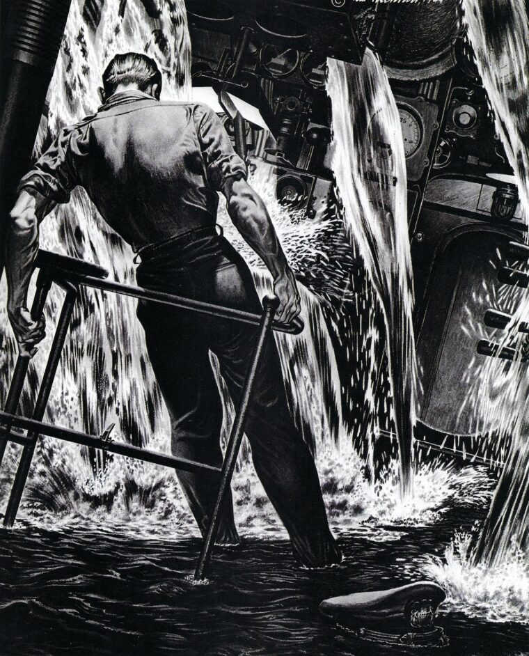 This dramatic drawing by U.S. Navy Commander Fred Freeman depicts the final moments of Captain John Cromwell, who has chosen to remain aboard the scuttled USS Sculpin after a fight with a Japanese destroyer. Cromwell possessed information too valuable to be allowed to fall into enemy hands.