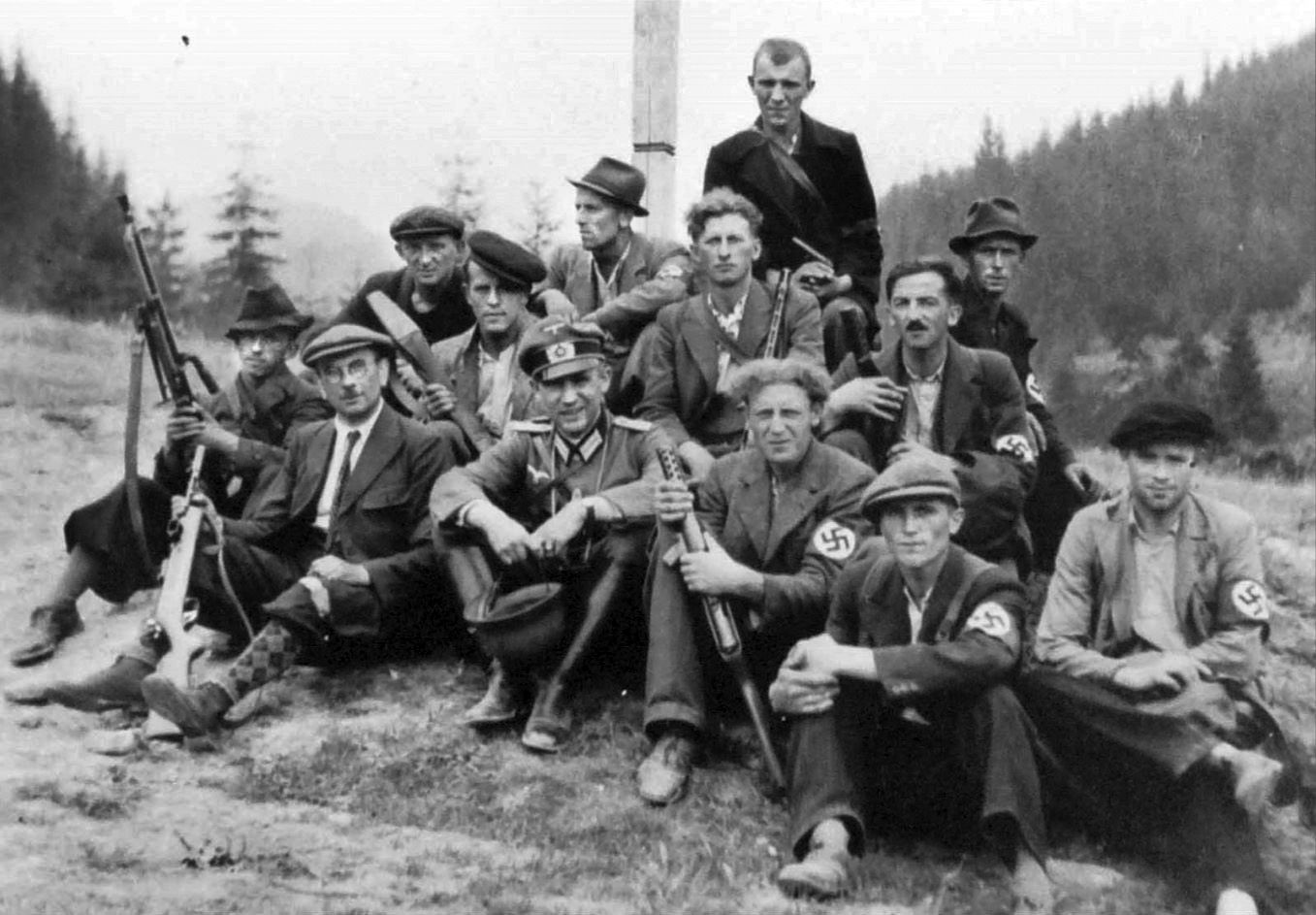 Combat Group Jablunkov with commander Lieutenant Dr. Hans Albrecht Herzner at center (in uniform) gathers for a photo. The special infiltration and sabotage group was tasked with capturing a railway station in the opening hours of the German invasion of Poland. Actually, the unit crossed into Poland early and had to be withdrawn when orders were mishandled.