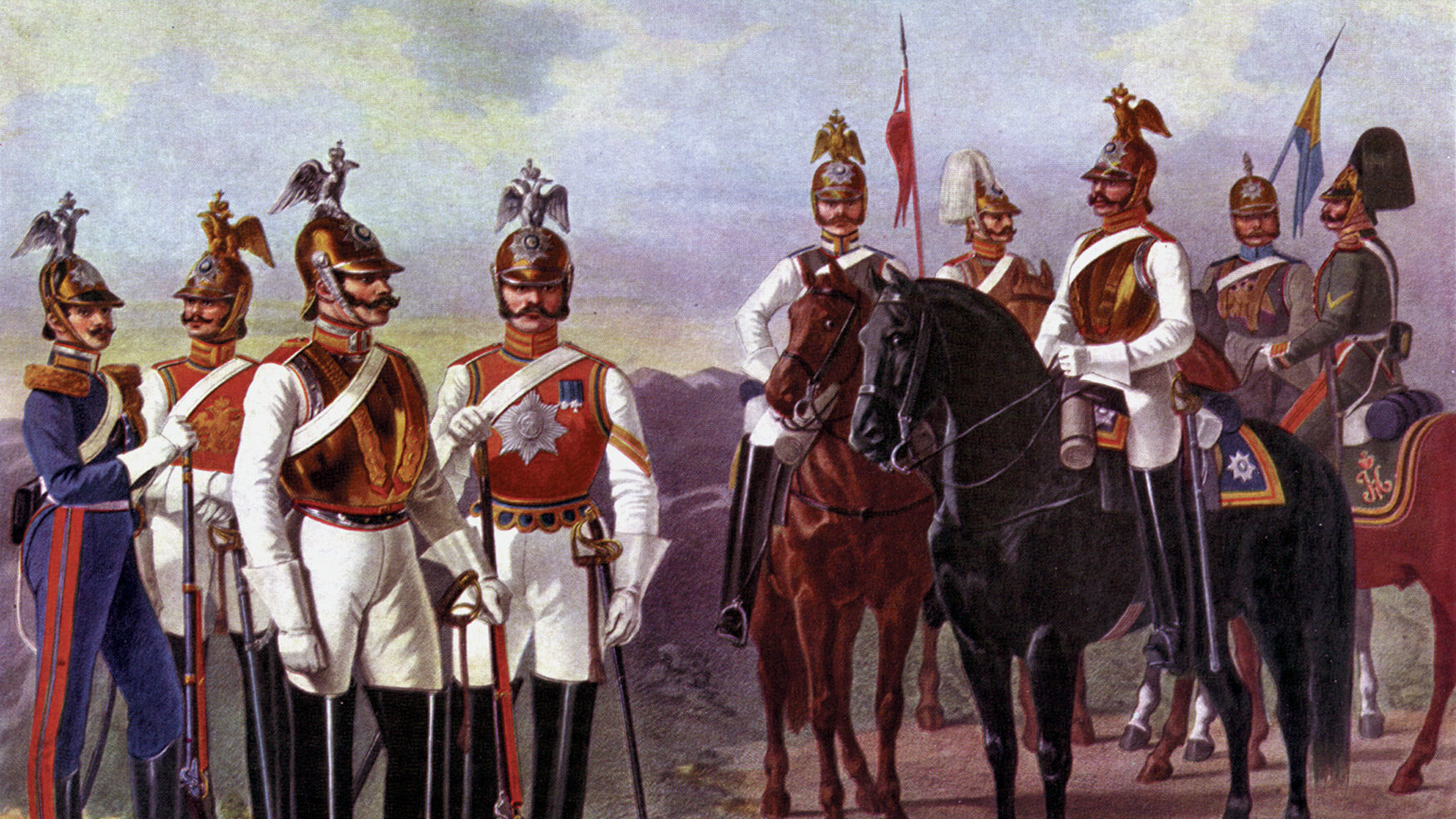 Men of the Kaiser’s own Imperial German Guard Cuirassiers wear ornate silver eagles atop their massive "lobster tail" helmets in this 19th century lithograph.