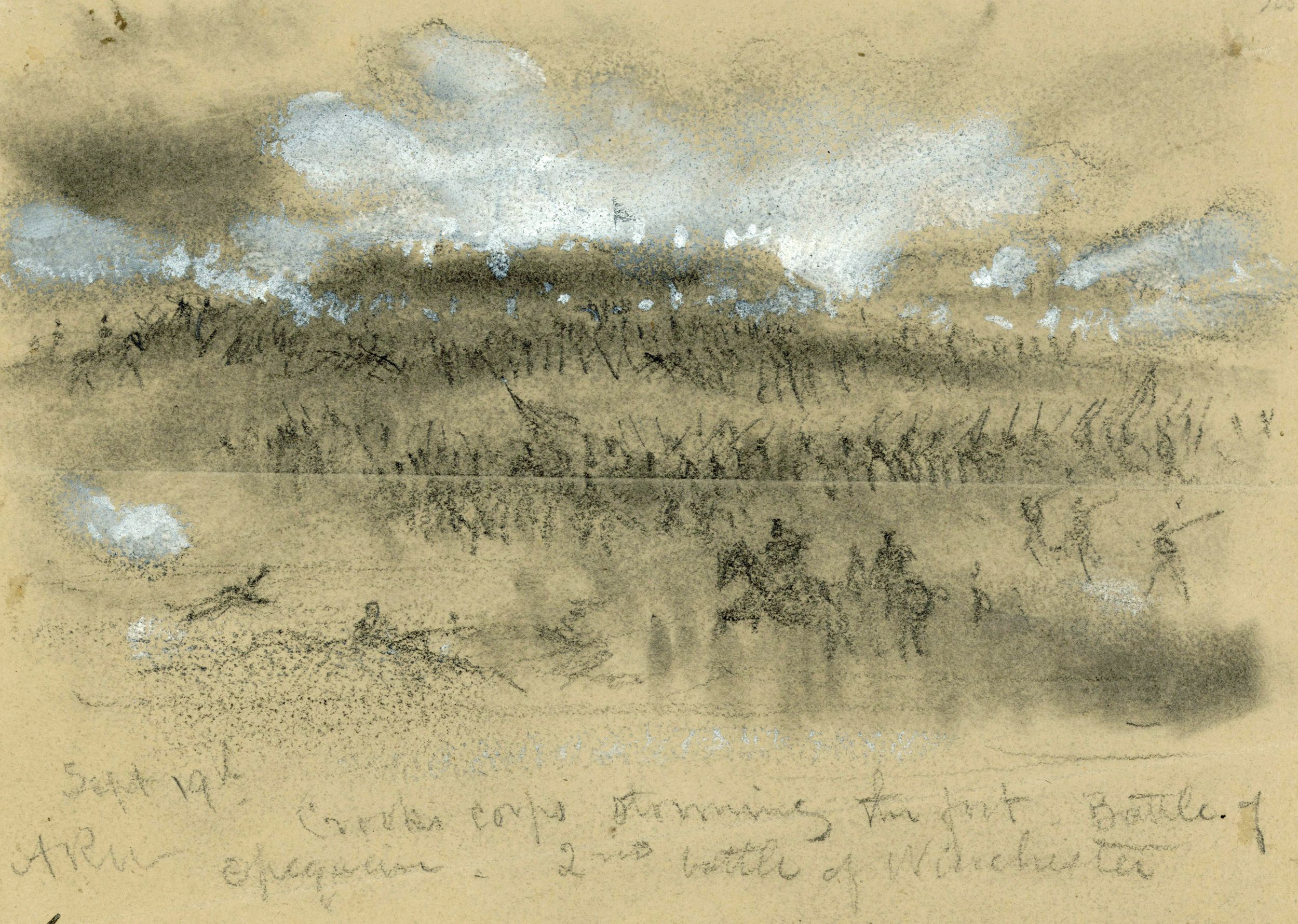 This sketch by war correspondent Alfred R. Waud shows Gen. George Crook’s VIII Corps storming a Confederate earthworks on September 19, 1864, at the Third Battle of Winchester, sometimes known as the Battle of Opequon. Col. Rutherbord B. Hayes (after Col. Isaac Duval of the 9th West Virginia Volunteer Infantry was wounded) led the 23rd Ohio’s “Mountain Buzzards” across a waist-deep swampy slough to begin the assault on Confederate Gen. Jubal Early’s left flank.