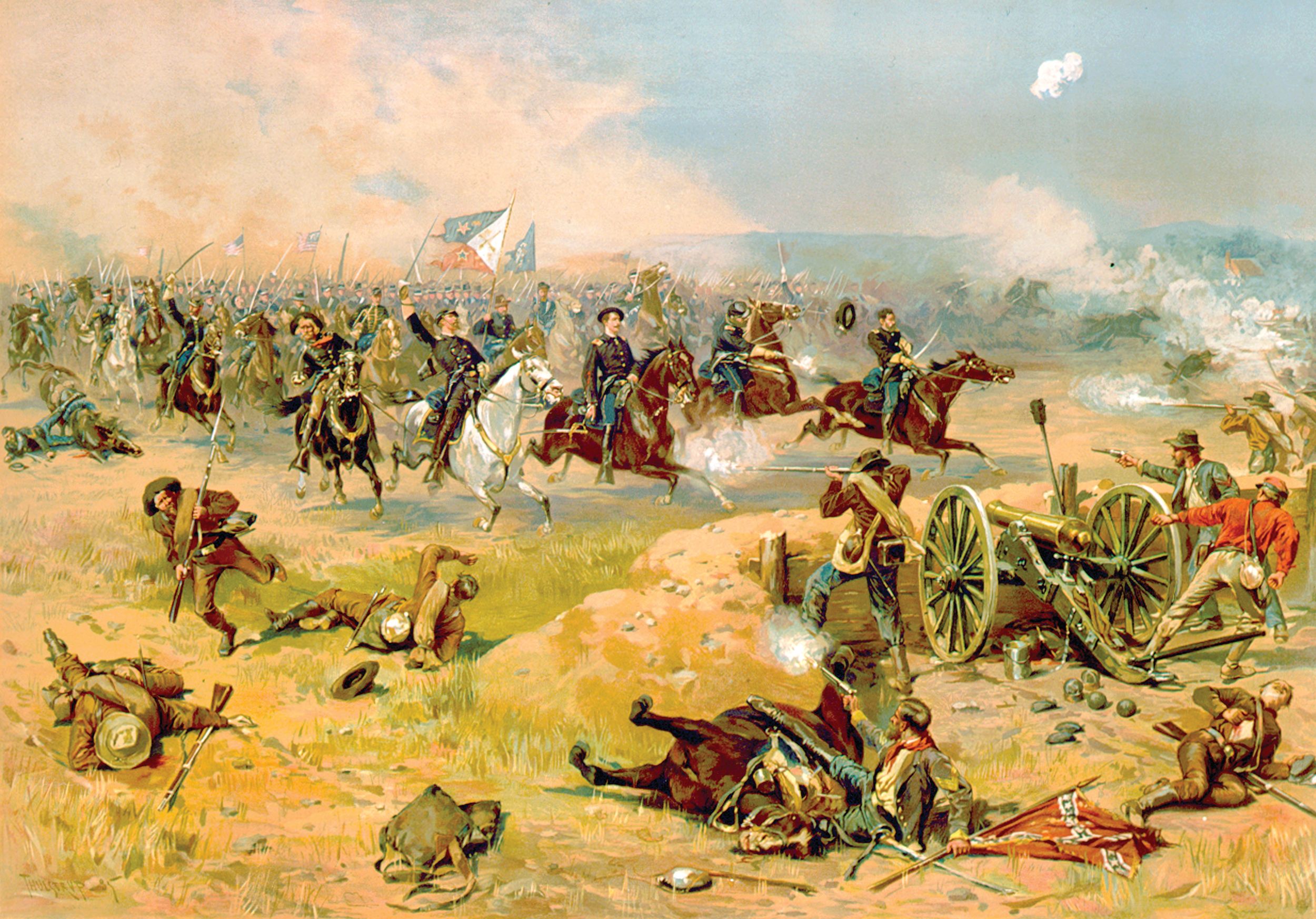 In conjunction with Gen. George Crook’s VIII Corps attack in the Confederate left flank, Maj. Gen. Philip H. Sheridan ordered his last uncommitted troops—the cavalry divisions of brigadier generals Wesley Merritt and William Averell—to charge down the Martinsburg Pike and attack the Rebel flank further west at the Star Fort and Fort Colliers. Gen. Jubal Early’s line collapsed and the panic-stricken Confederates fled through the streets of Winchester and south down the Valley Pike. This painting by Thure de Thulstrup (c. 1886) is titled, “Sheridan’s Final Charge at Winchester.”