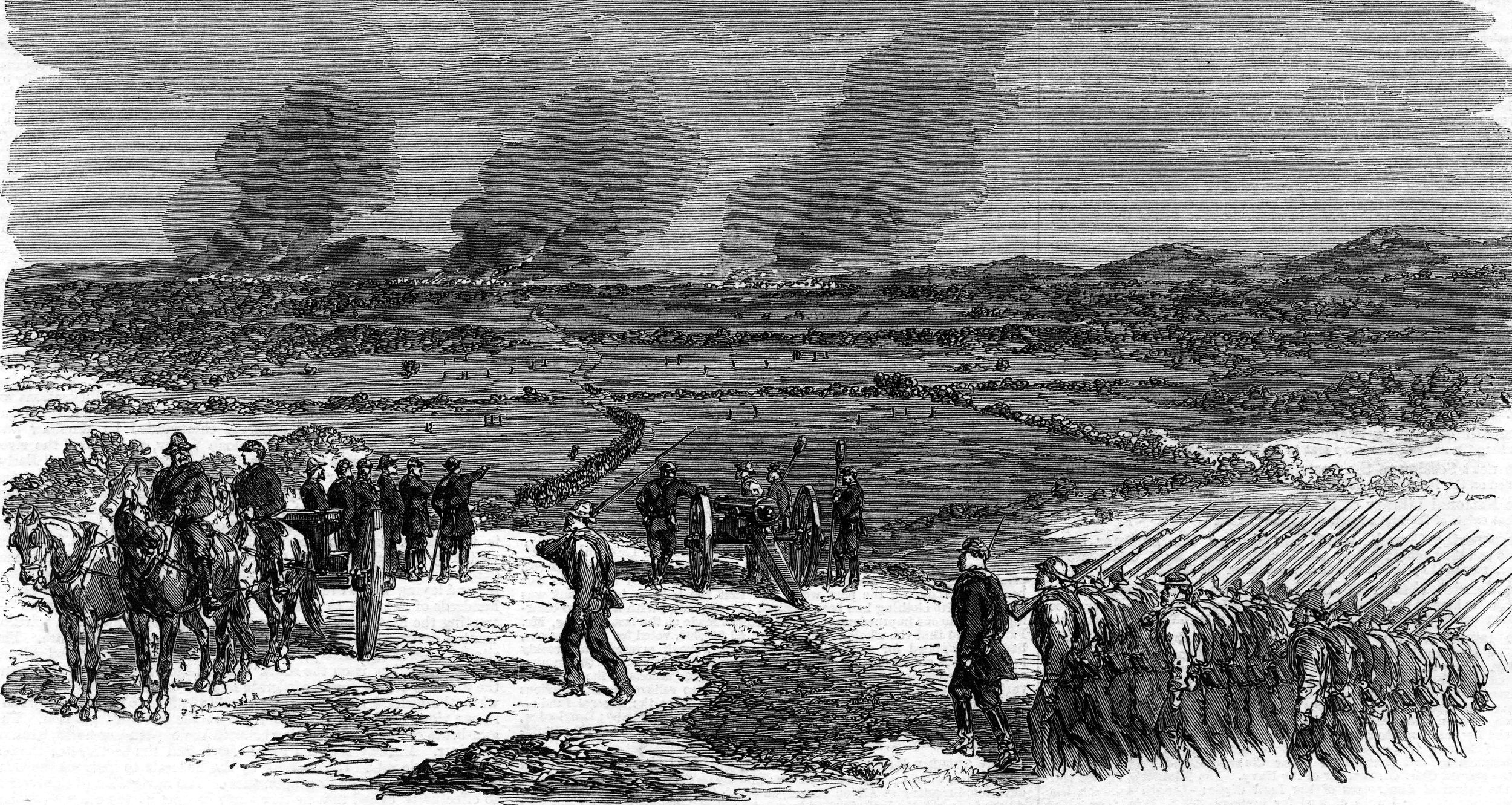 Federal Maj. Gen. Philip Sheridan, raising his hat in the lower right, leads his Army of the Shenandoah in pursuit of Confederate General Jubal Early in September 1864.