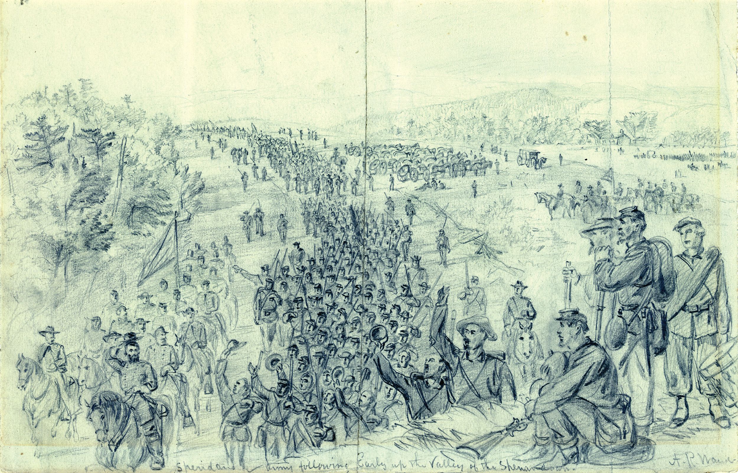 “Sheridan’s army following Early up the Valley of the Shenandoah,” drawing by Alfred R. Waud. Major General Philip Sheridan, at bottom left, tips his hat to his cheering men in the fall of 1864. During the second Shenandoah Valley campaign, known as “The Burning,” Sheridan was under orders to “Leave nothing for the subsistence of an army on any ground you abandon to the enemy.”