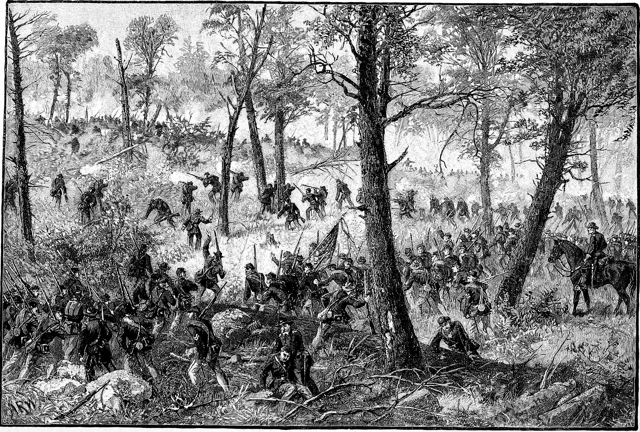 “Ricketts’ Division attacking into West Woods,” drawing by Alfred R. Waud. Union General James B. Ricketts’ Third Division attacks the Rodes’ Division under the command of Gen. Robert E. Rodes, who was killed when a Union shell fragment hit him in the back of the head.