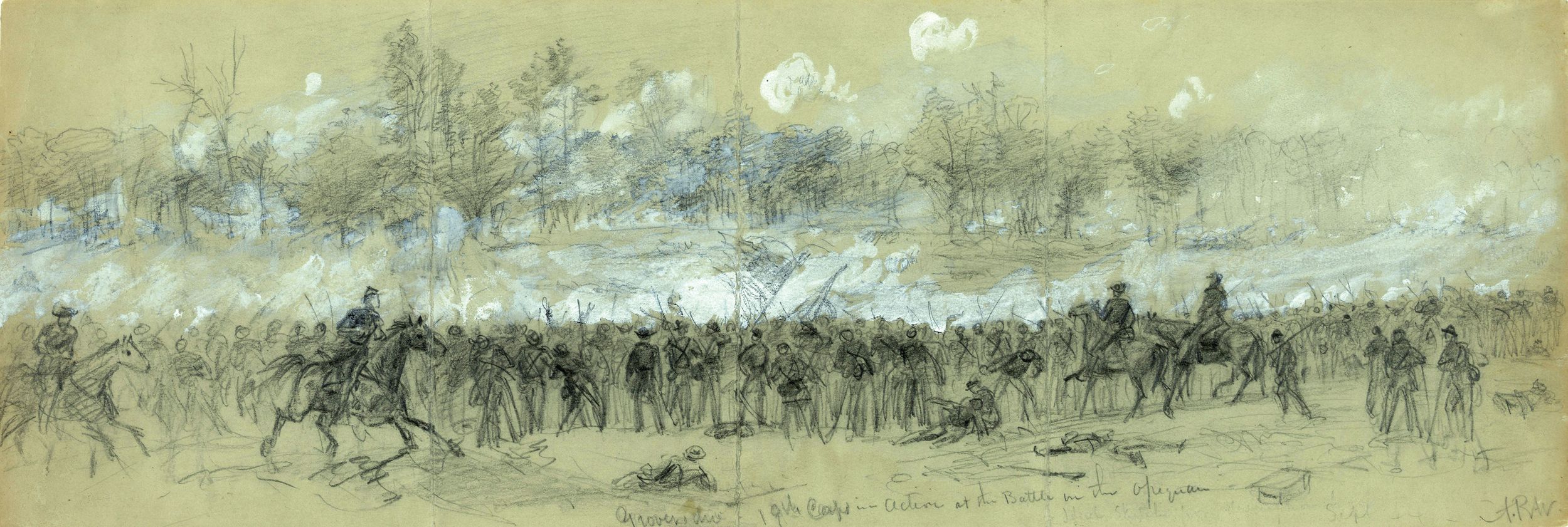 Union General Cuvier Grover’s 8,000-man 4th division had been recently transferred to Virginia in 1864, following several campaigns in Louisiana. Under cannon fire opposite from the main Confederate position at Winchester, they charged across a field, slamming into the flank of James B. Gordon’s North Carolina Cavalry Brigade. But the disordered assault opened a gap that was exploited by Rodes’ Division in a counterattack. “1st Louisiana, Grovers div. 19th Corps in action at the Battle in the Opequon,” drawing by war c orrespondent Alfred R. Waud.