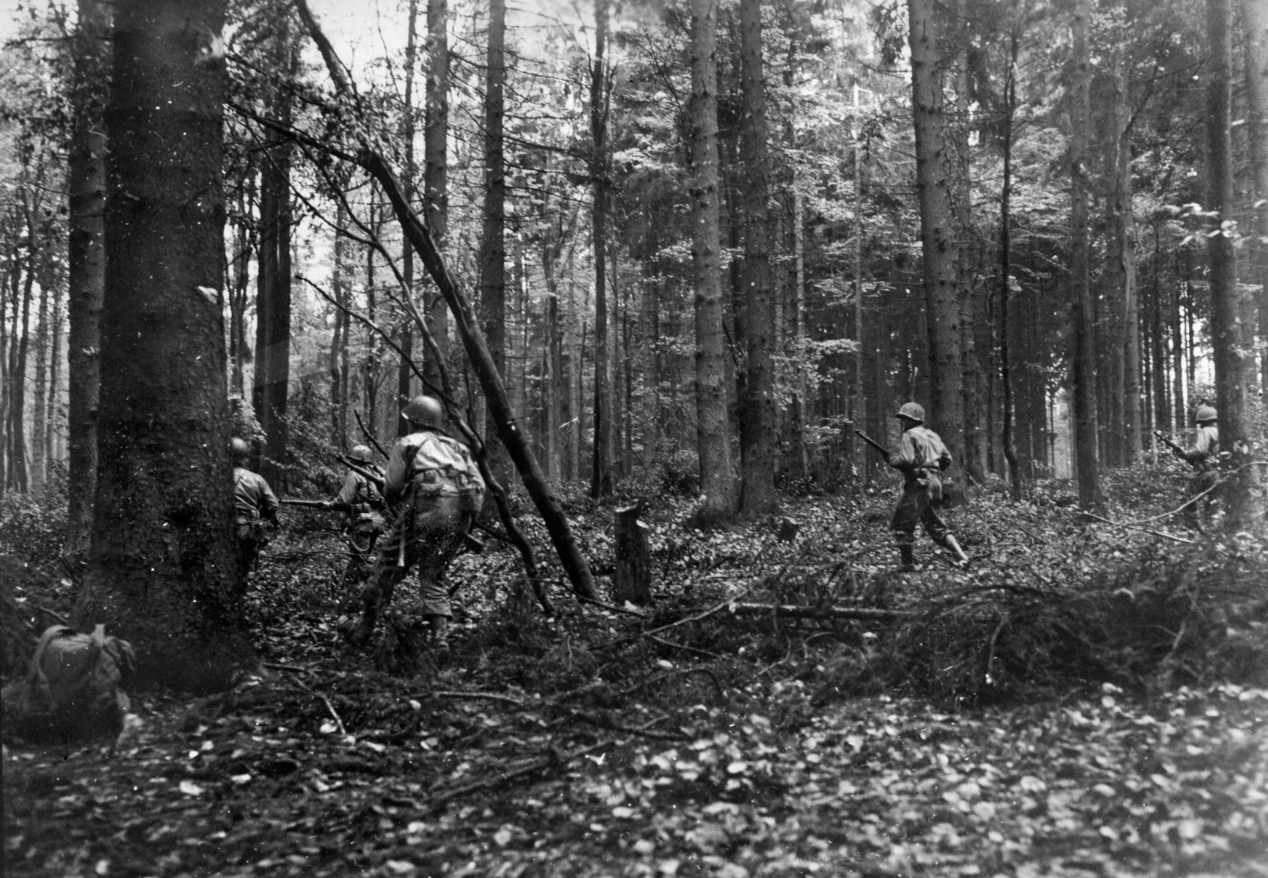 Members of Company E, 110th Infantry Regiment, 28th Infantry Division advance through the Hürtgen Forest near Vossenack, Germany, on November 2, 1944. Most of the rifle companies in the 28th suffered up to 50 percent casualties in as little as two weeks. 