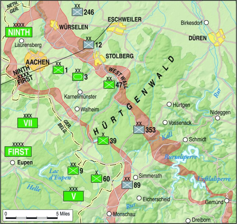 Fighting the terrain and the weather as much as the fiercely motivated Germans defending their homeland, the efforts of the U.S. V and VII Corps to penetrate the thickly wooded Hürtgen Forest met with difficulty from the outset. 