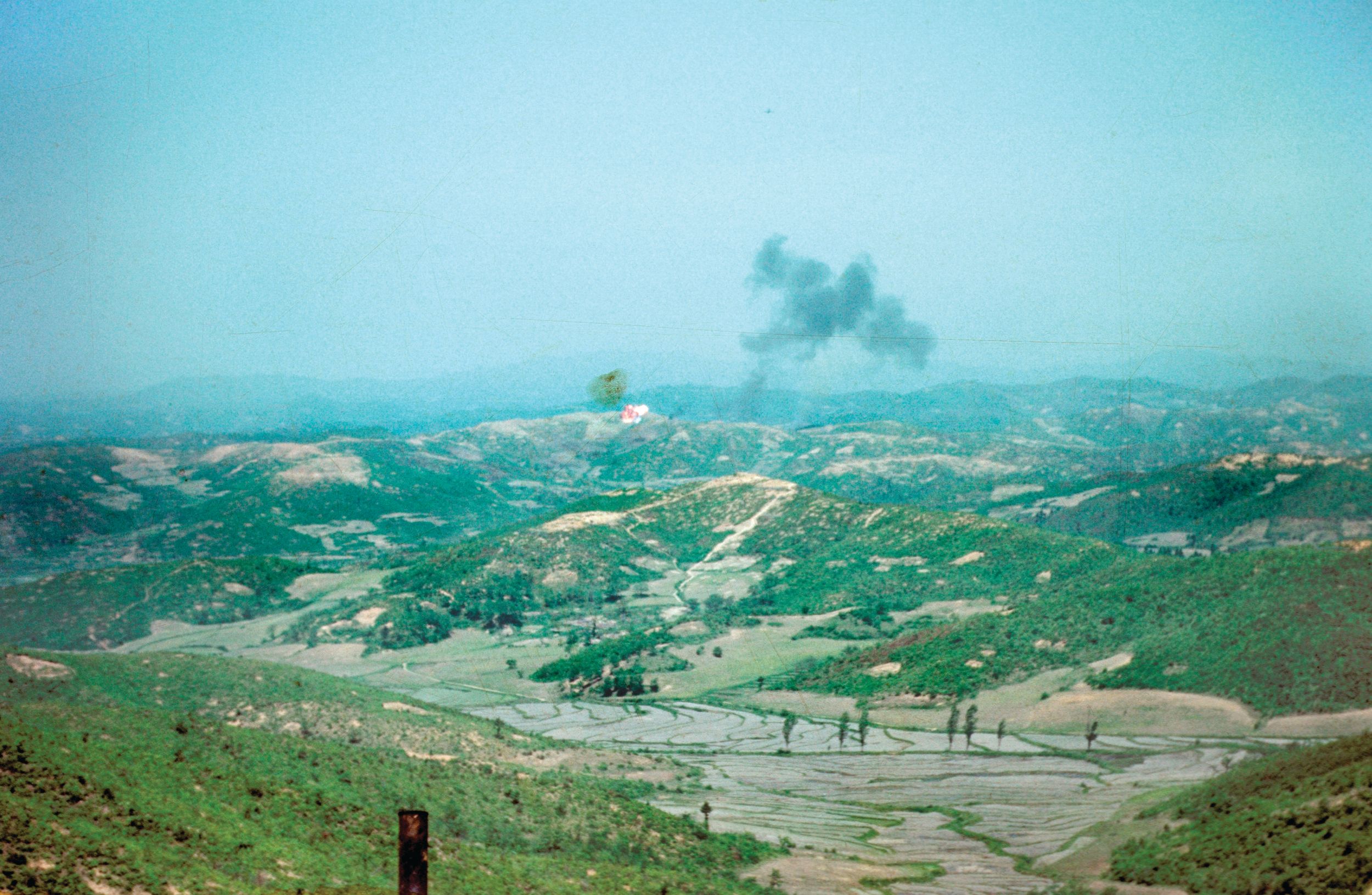 Communist Chinese positions near Hill 355, “Little Gibraltar,” under artillery fire from United Nations forces near the Imjin River, about 25 miles north of Seoul, Korea.