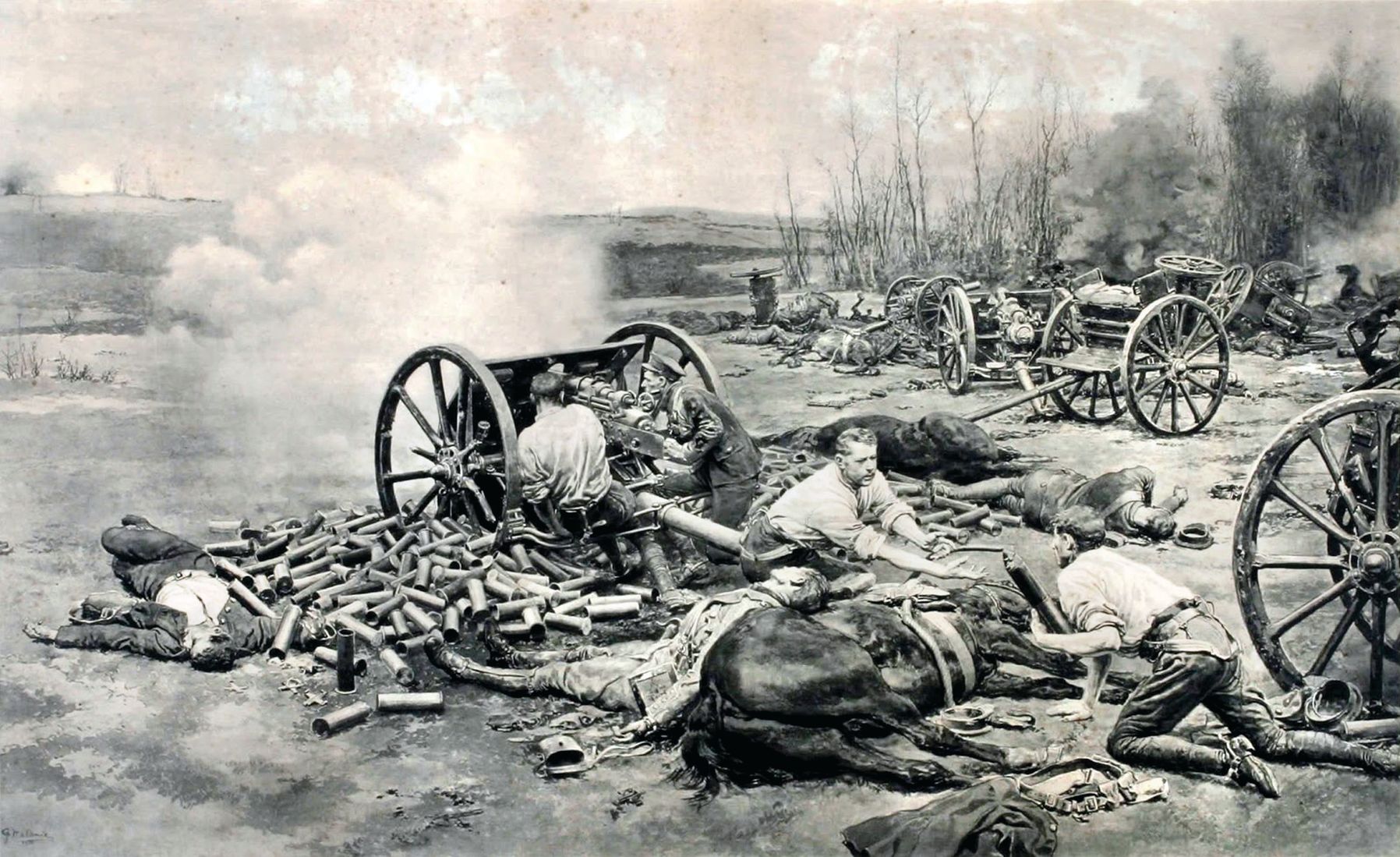 British soldiers man a field gun in this newspaper illustration commemorating the heroics of Battery “L, ” Royal Horse Artillery, which suffered 49 of the 135 British casualties at the Battle of Néry. At one point, only one British 13-pounder—the No. 6 gun—took on an entire German battery. 