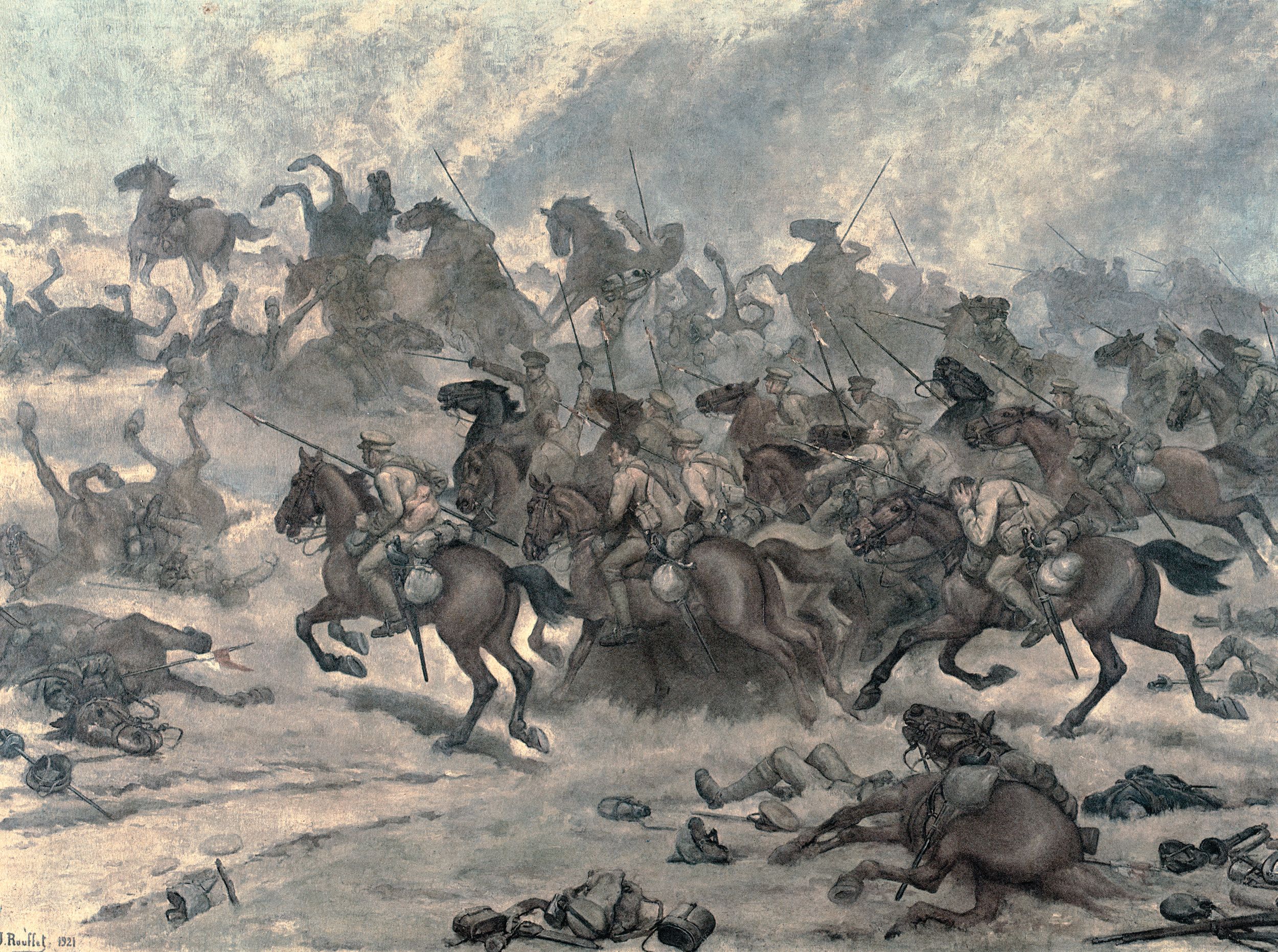 On August 24, the first day of the retreat from Mons, the 9th Lancers charge German infantry and guns at Elouges, Belgium, in this engraving done from a Richard Caton Woodville painting and  
published in the Illustrated London News in 1914.