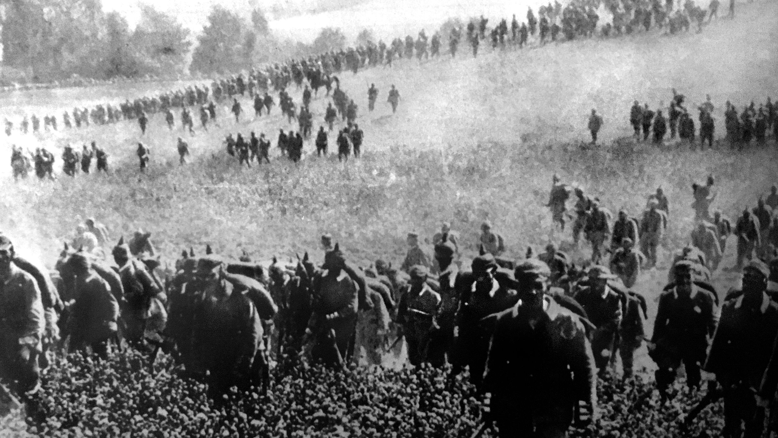 German infantry in pickelhauben helmets swarm across a field in Belgium in the summer of 1914. The “Schlieffen Plan” called for an overwhelming force—seven German armies comprising 62 divisions—to push southwest through Belgium into northern France in a sweeping flanking maneuver that would envelop and trap the French and British armies. Unexpected resistance, first from the overmatched Belgians, then the expert marksmanship of the British Tommies, caused the plan to bog down. 