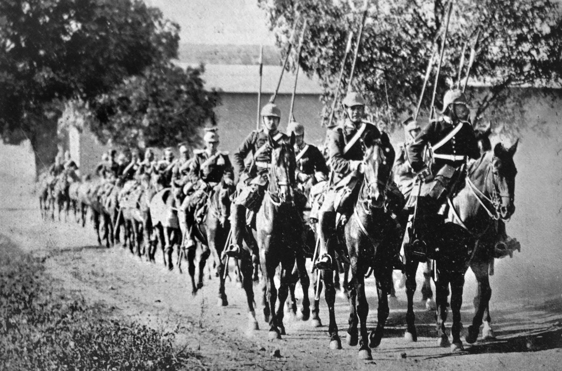 German cavalry on the move in France in August 1914. Their advantage lay in numbers, as their 10-foot tubular steel lance was no match for the more maneuverable thrusting weapon—a 35-inch steel saber—carried by the British cavalry.