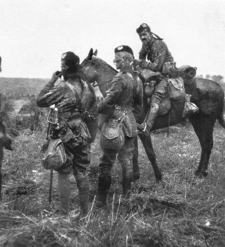 British staff officers from the Scottish Rifles confer at the Battle of Cateau (France), fought during the retreat from Mons on August 26, where once again, the fast and accurate rifle fire of the British infantry caused heavy German losses. 