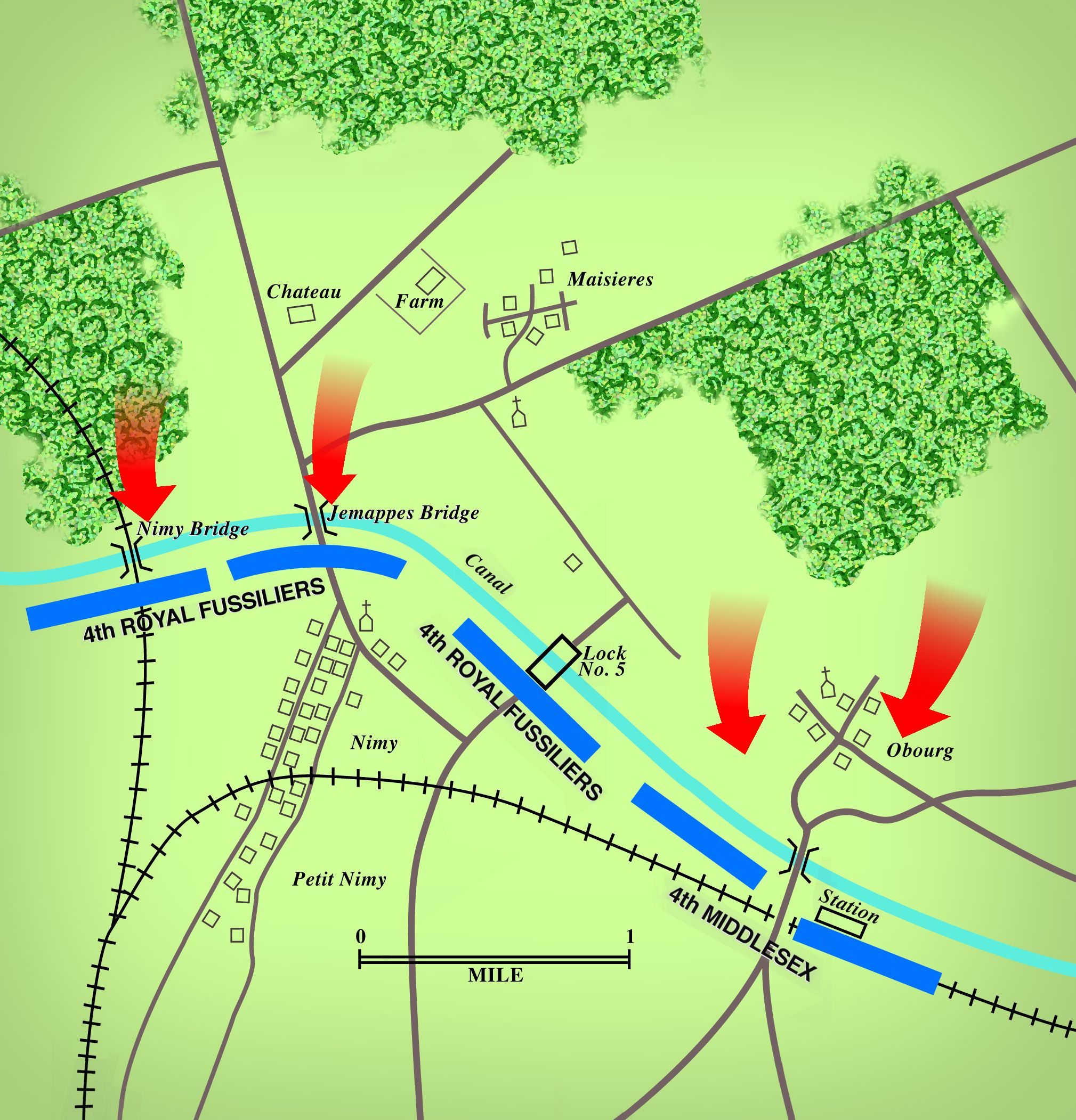 Though they had only four machine guns, the British stand along the Mons-Conde canal was stubborn, thanks to rapid and accurate rifle fire against a German force of mostly conscripts. Ultimately, the overwhelming number of German soldiers forced the British to fall back southward into France.