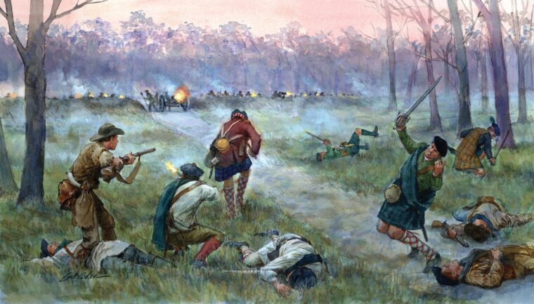 Loyalists attack Patriot earthworks at Moore’s Creek Bridge in North Carolina on February 27, 1776. Those wearing Scottish kilts, bonnets and stockings, are soldiers of the 84th Regiment who arrived from Canada and New York. Others in simple hunting shirts are likely local recruits. The figure falling on the road at right could be Lt. Col. MacLeod, who was killed in the charge.