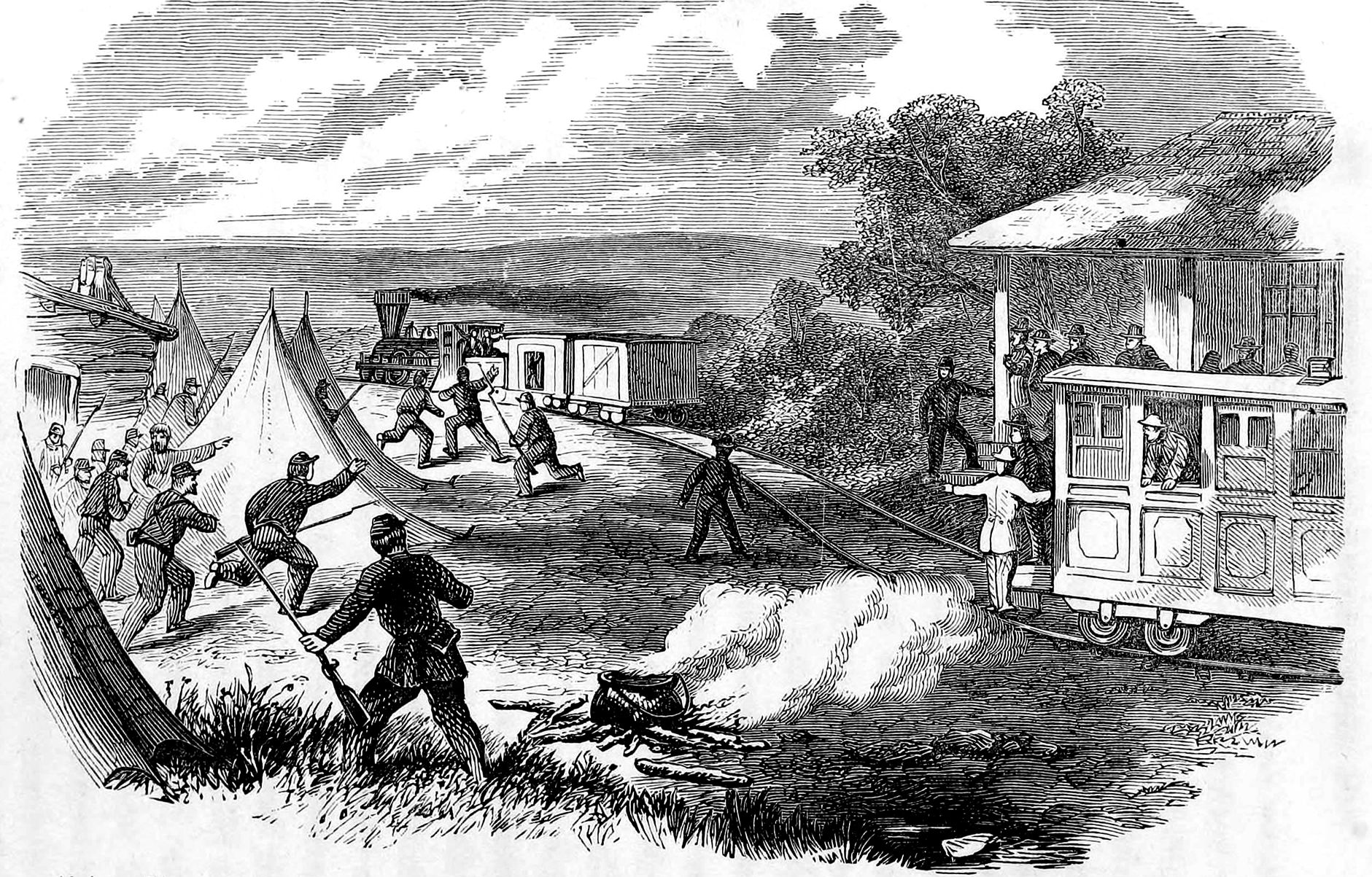 The “engine thieves” stole the General and three box cars at Big Shanty, Georgia, April 12, 1862, though this illustration from William Pittenger’s book, Daring and Suffering: a History of the Great Railroad Adventure published in 1864, shows only two.