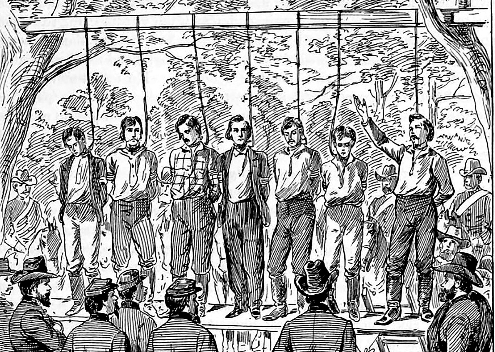 Six Union soldiers and a civilian were hanged in Atlanta on June 18, 1862, for their  participation in “The Great Locomotive Chase.” James Andrews, who planned and led the raid, had been hanged on June 7. 